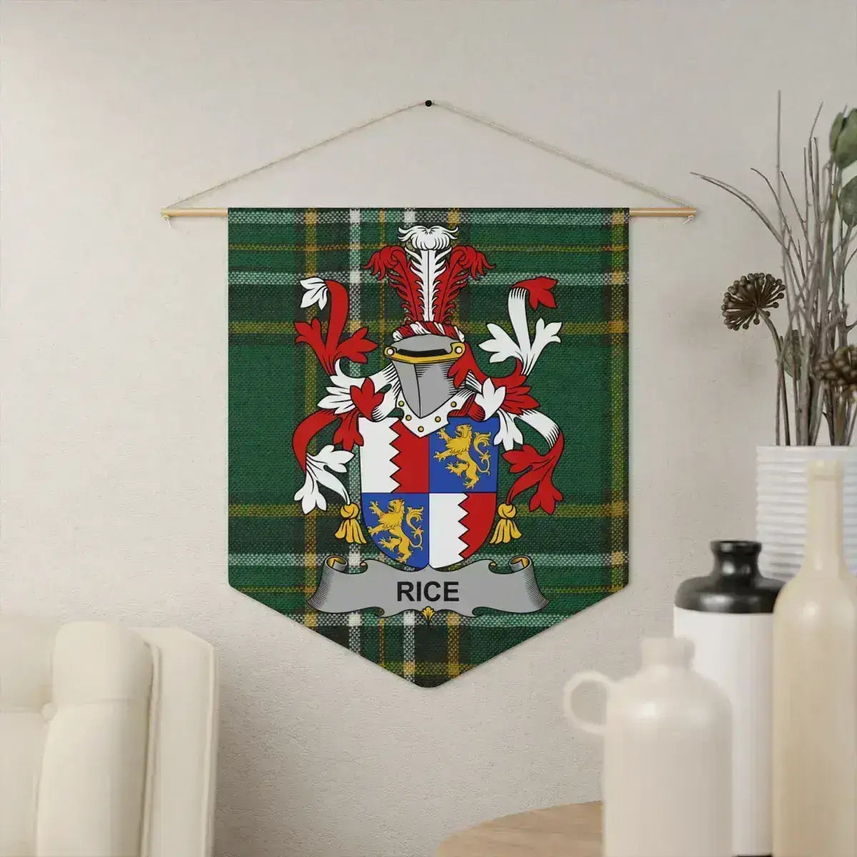 Rice Irish family crest wall pennant — crest on the Irish national tartan