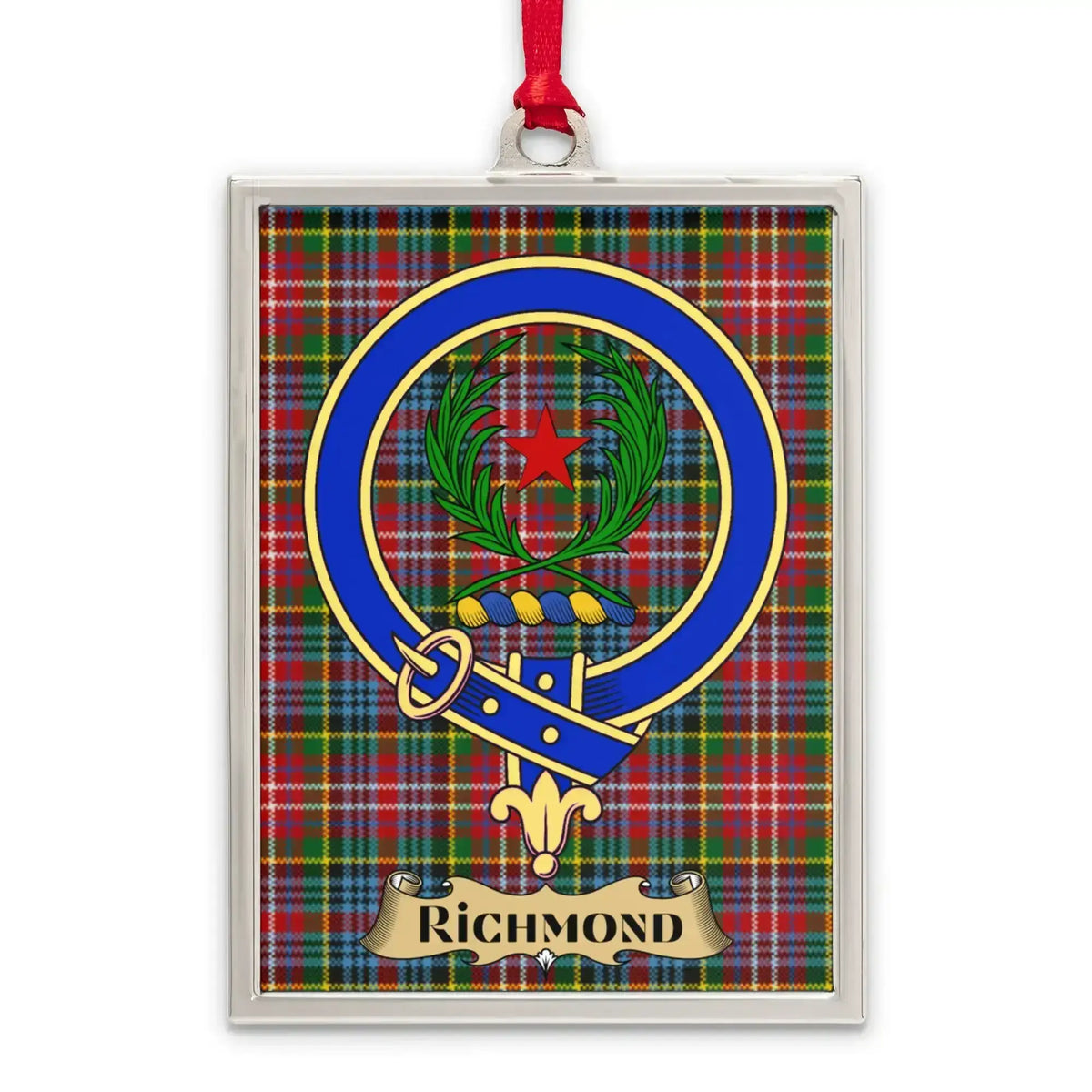 Richmond tartan-background crest ornament shown as a Scottish heritage keepsake gift