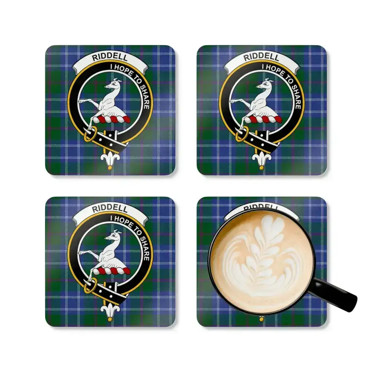 Riddell family tartan coasters — full-colour crest print on natural cork base, set of 4