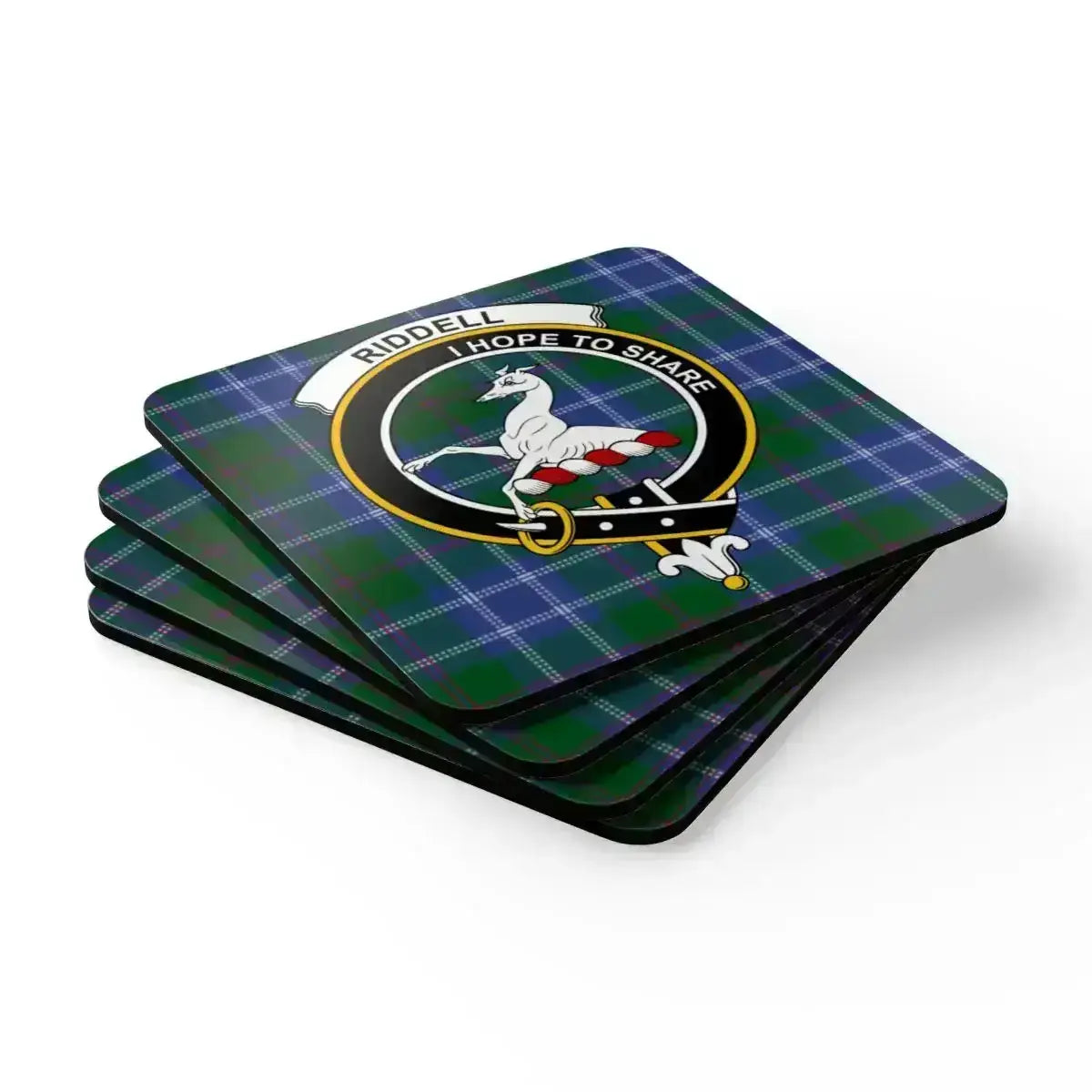 Clan Riddell crest Scottish tartan coaster set — set of 4, 3.75" square cork backed