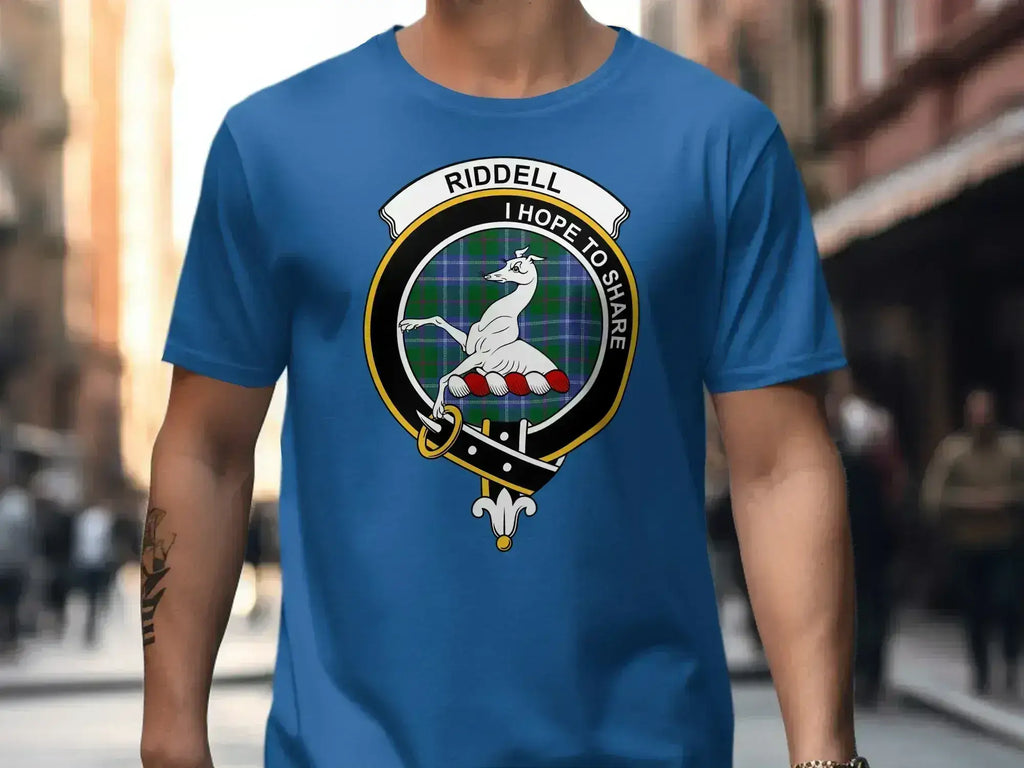 Clan Riddell I Hope to Share graphic T-shirt in navy — greyhound emblem, S-3XL