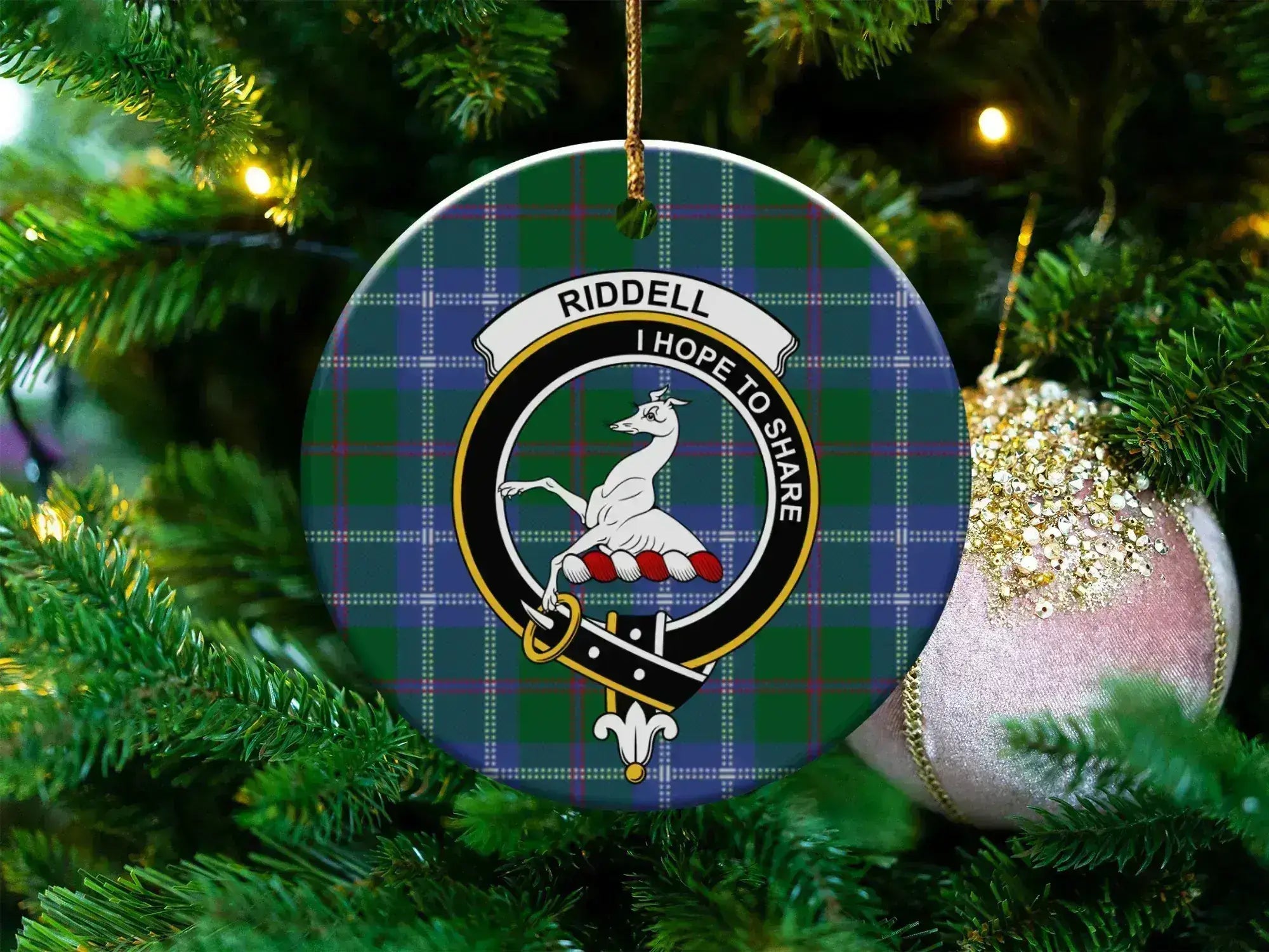 Clan Riddell tartan ceramic ornament — 3" round disc with I Hope to Share crest and gold string
