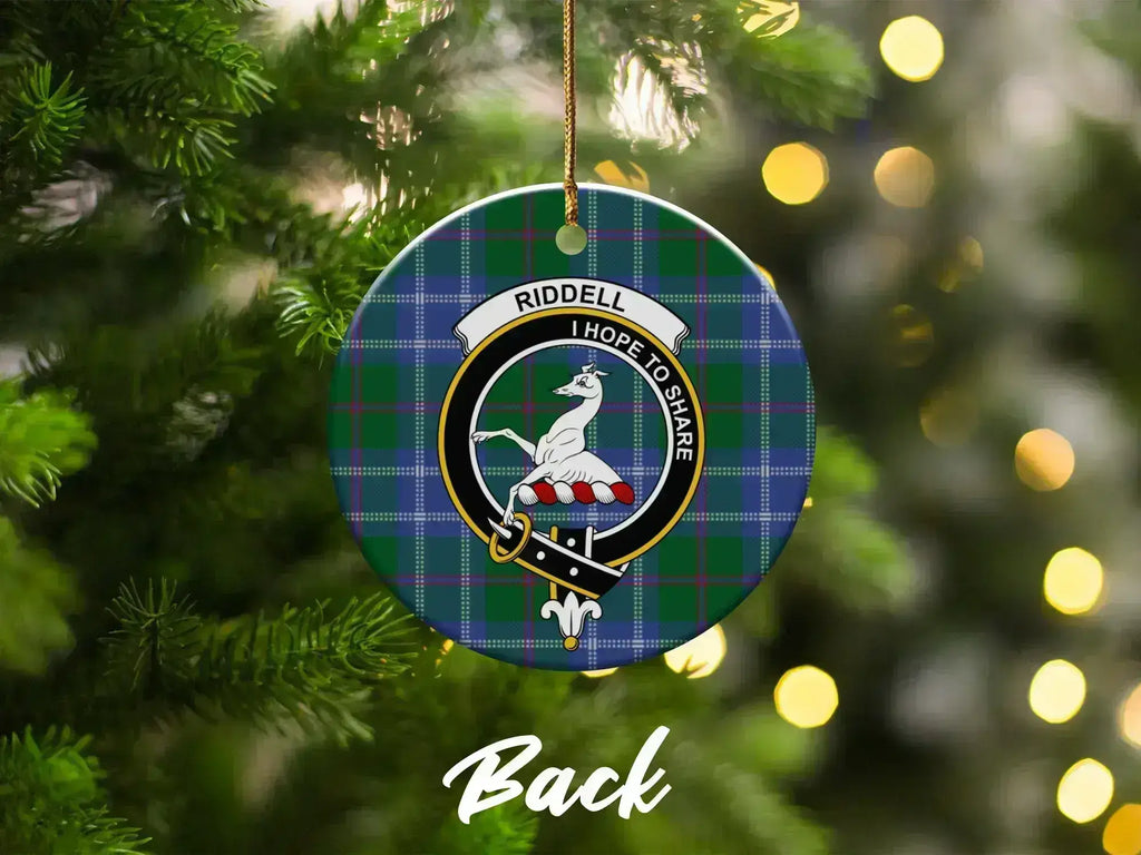 Clan Riddell plaid Christmas tree ornament — 3" ceramic disc, pre-drilled hole for hanging