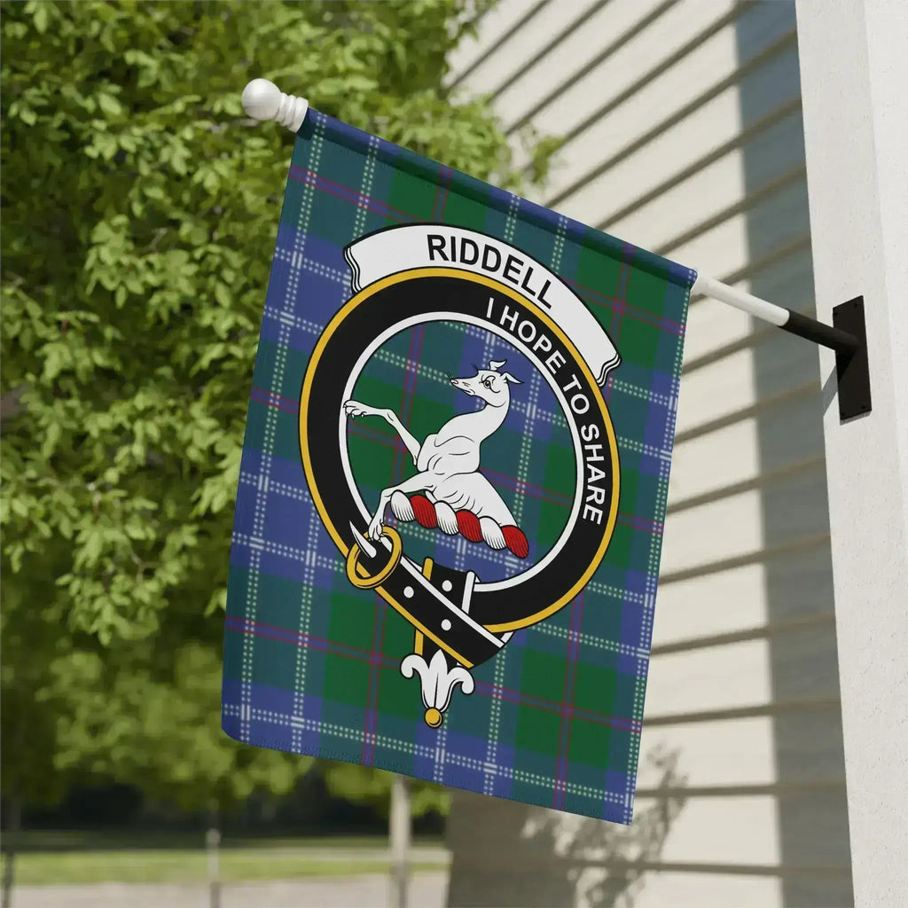 Clan Riddell tartan crest garden flag — 12" x 18" poly canvas with I Hope to Share motto