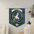 Clan Riddell tartan crest pennant — 18" x 21" polyester twill with I Hope to Share greyhound emblem, wooden dowel