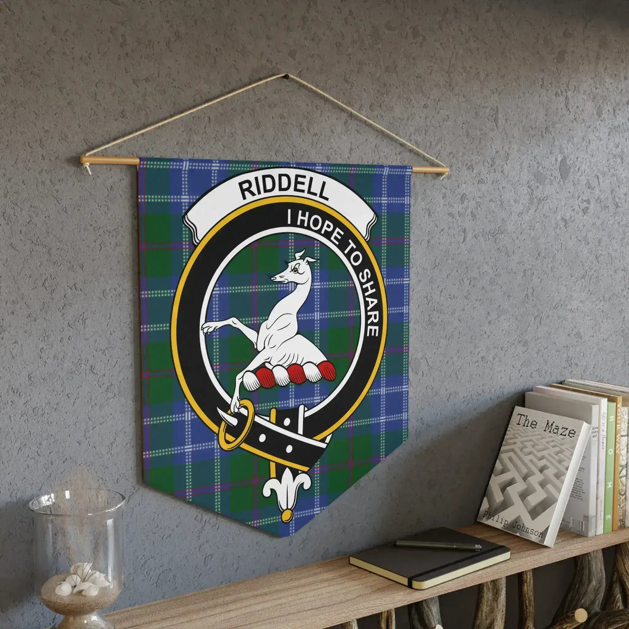 Riddell I Hope to Share plaid clan crest wall hanging — laser-cut edges, bold tartan colours