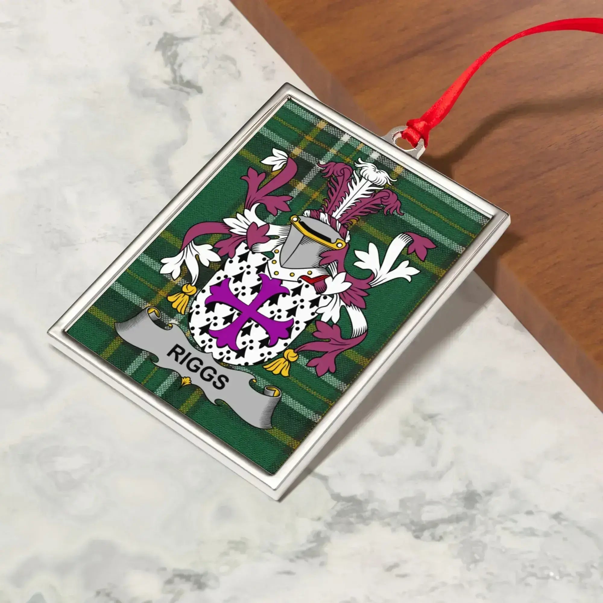 Riggs Family Crest Ornament with Tartan Background product type