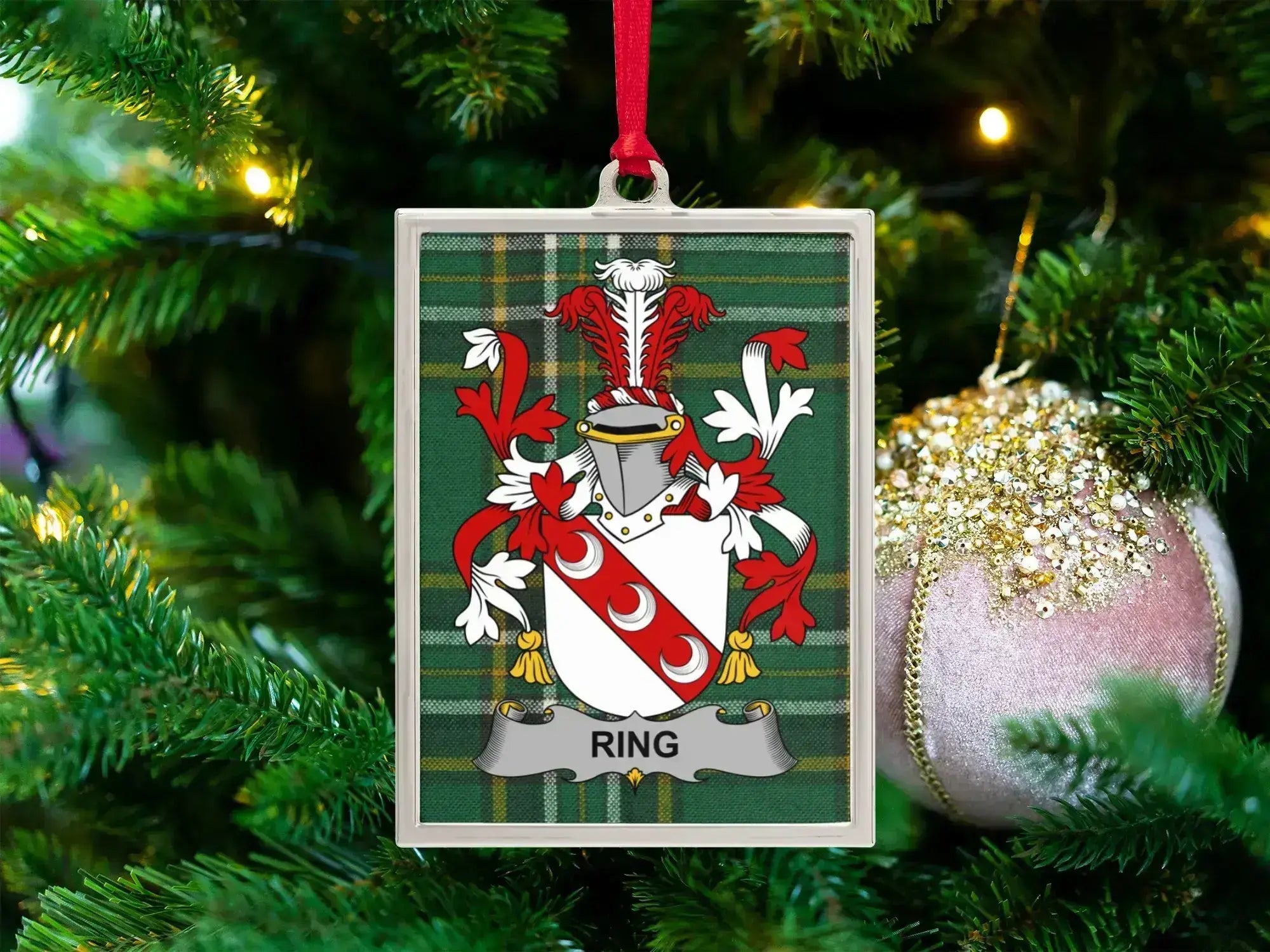Personalized Family Crest Plaid Christmas Ornament product