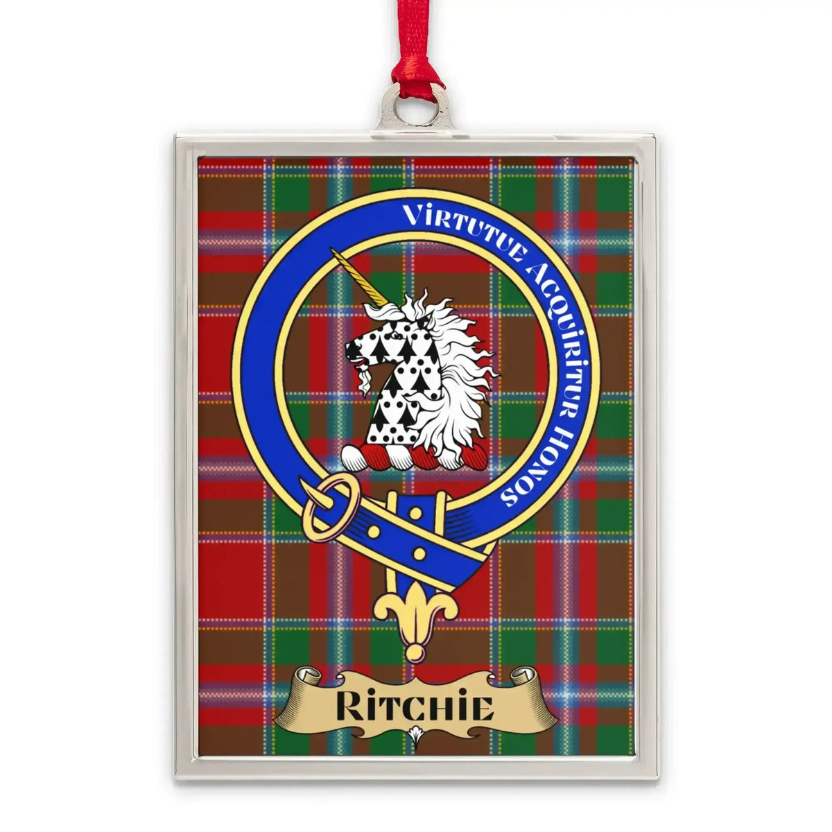 Ritchie tartan-background crest ornament shown as a Scottish heritage keepsake gift