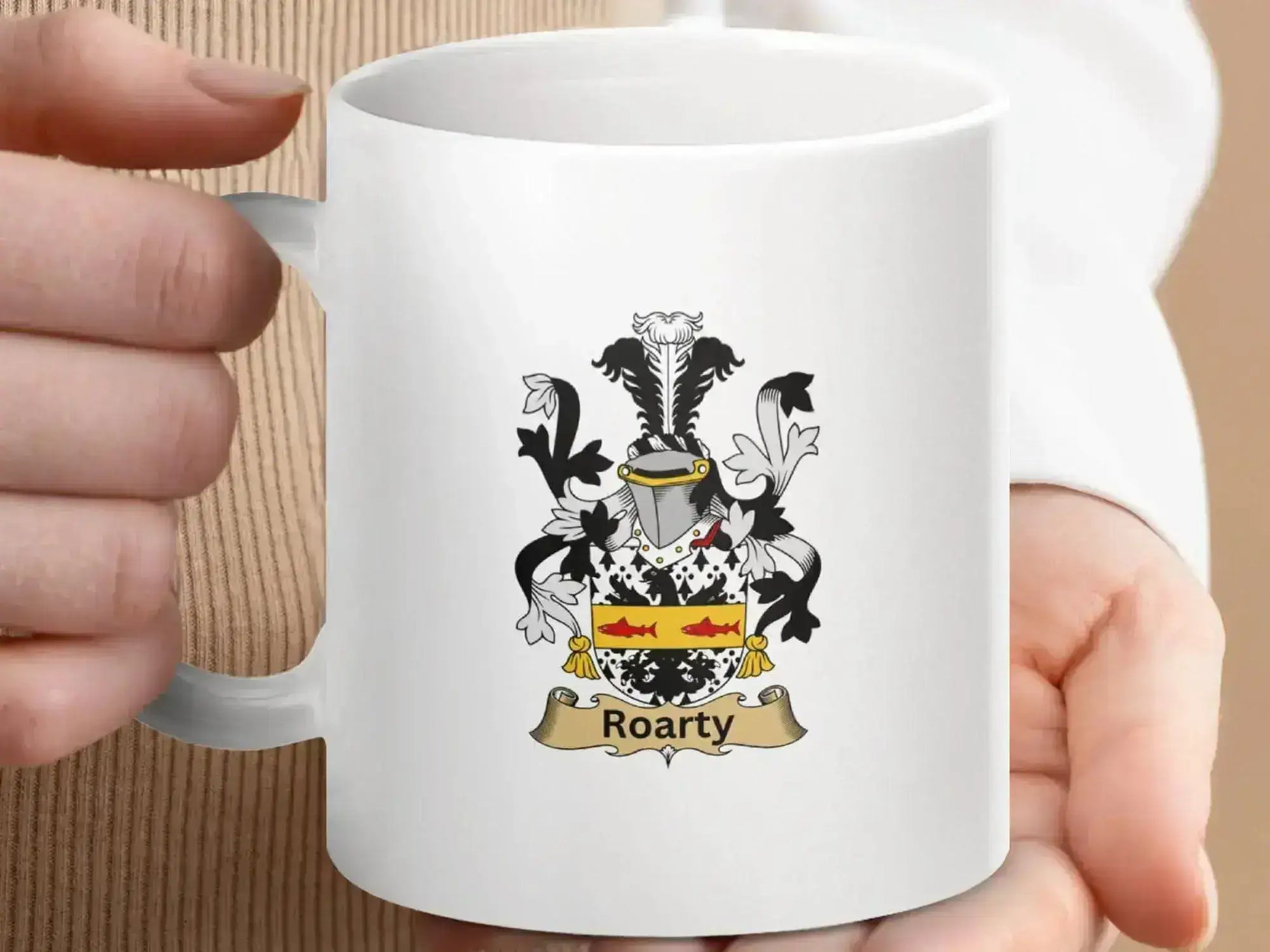 Roarty Family Heraldic Coat of Arms Crest Mug - Celtic Ancestry Gifts