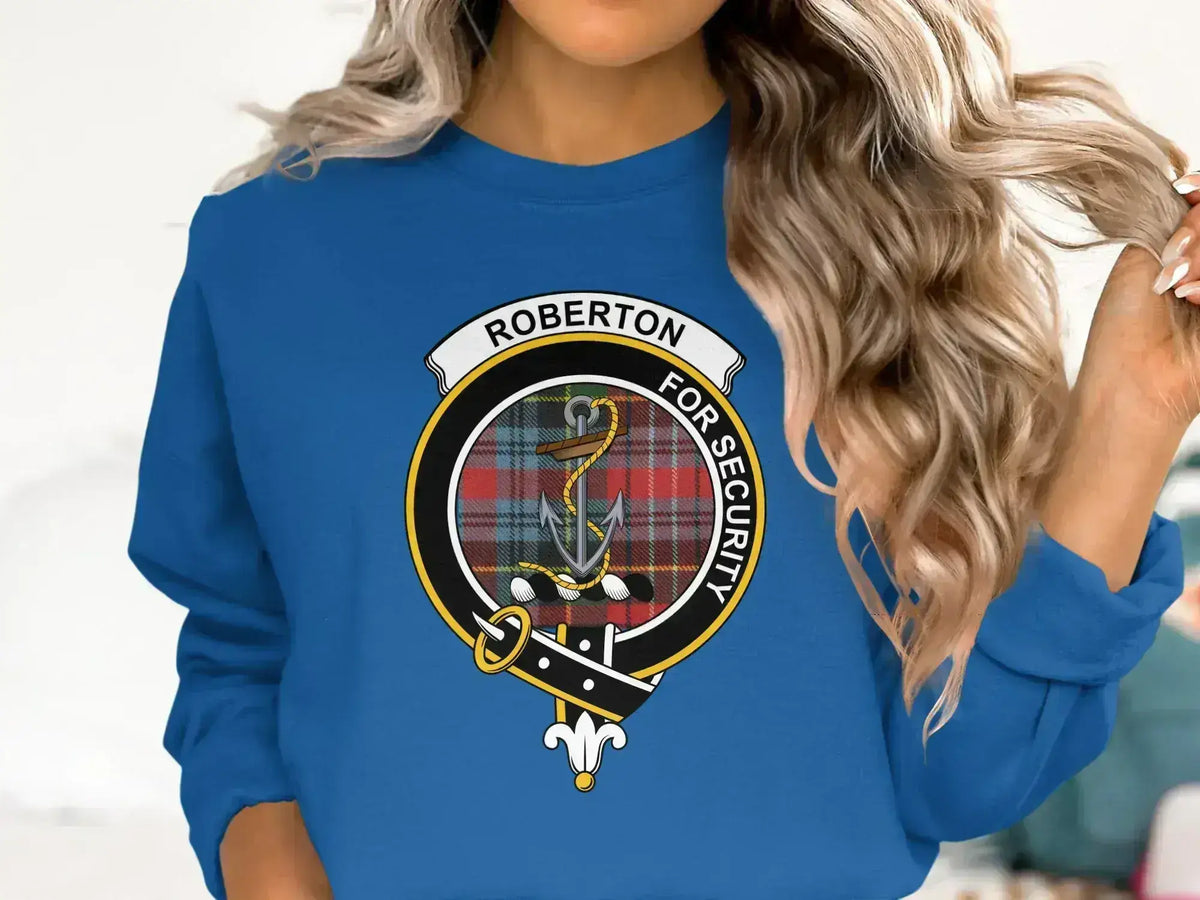 Roberton clan crest sweatshirt with For Security motto and tartan design — alternate view