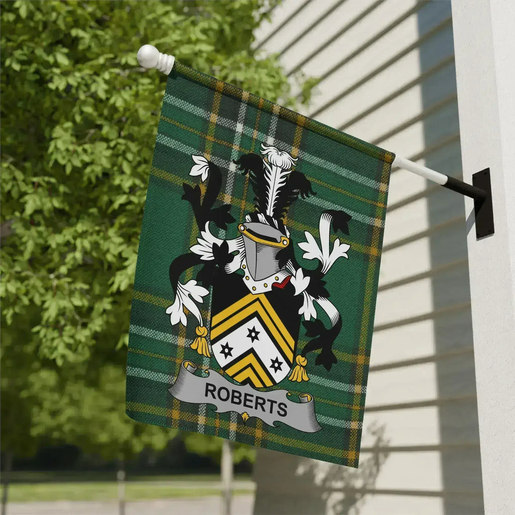 Roberts Irish surname tartan garden flag with crest-style emblem
