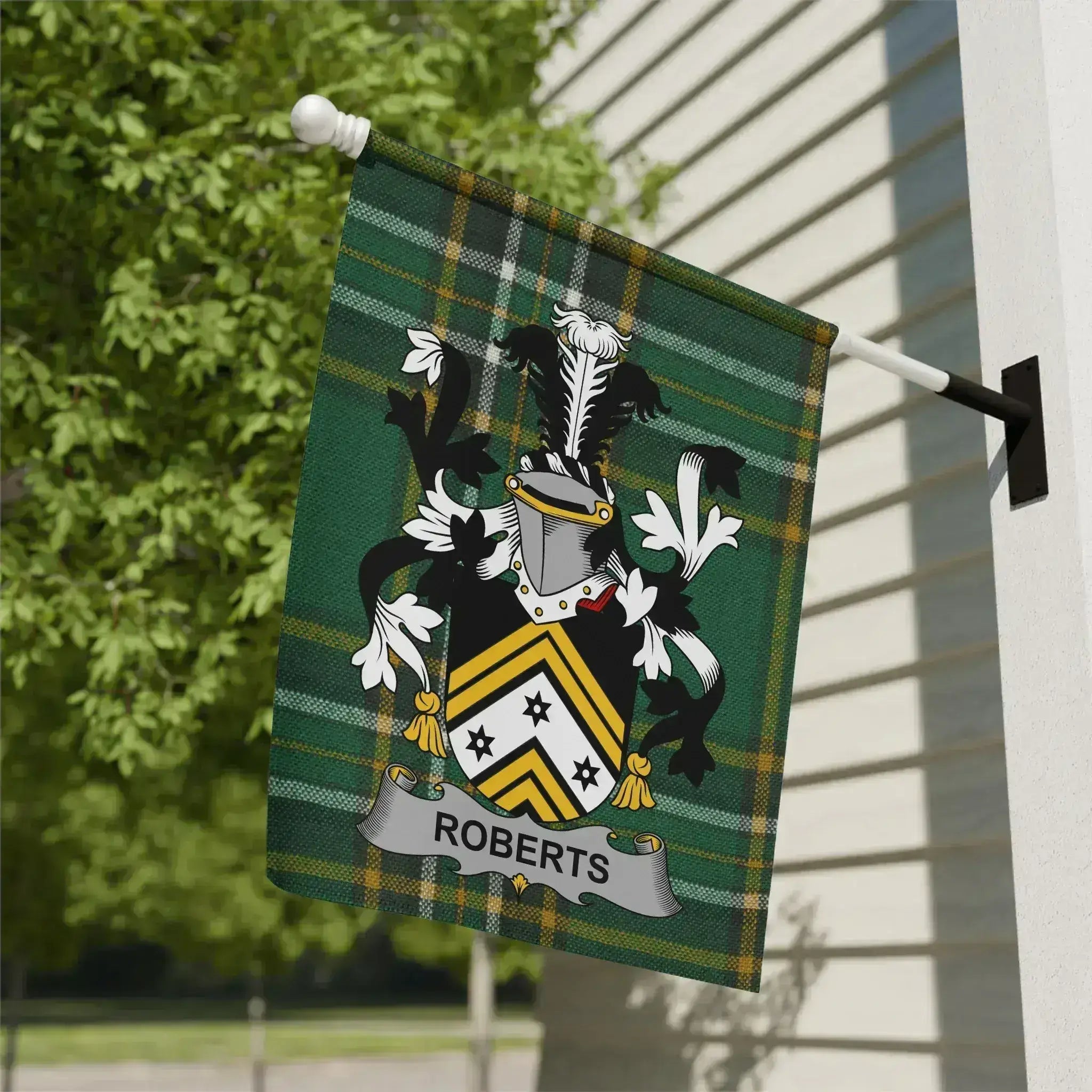 Roberts Irish surname tartan garden flag with crest-style emblem