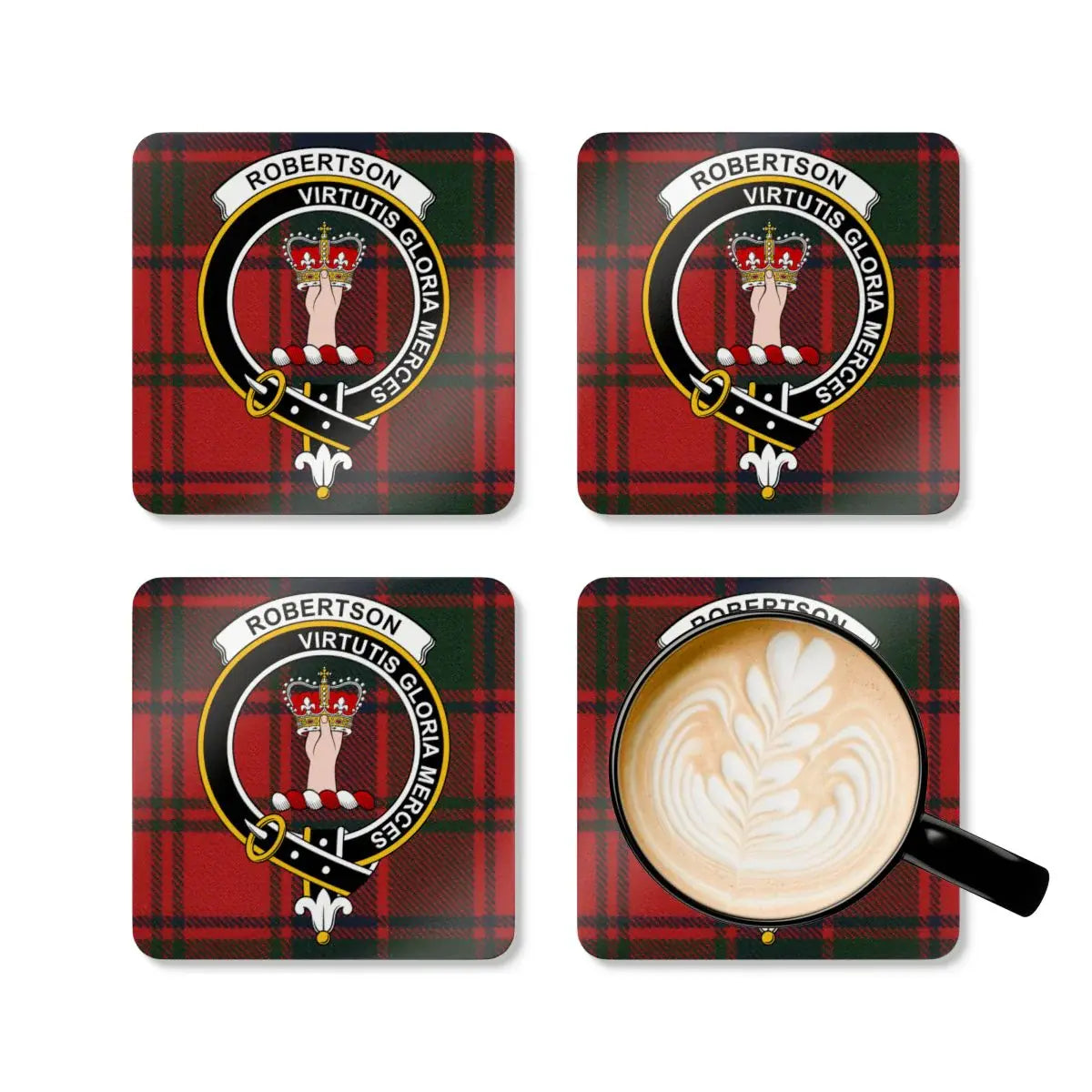 Robertson virtutis gloria merces clan crest coasters — red tartan design, full set view