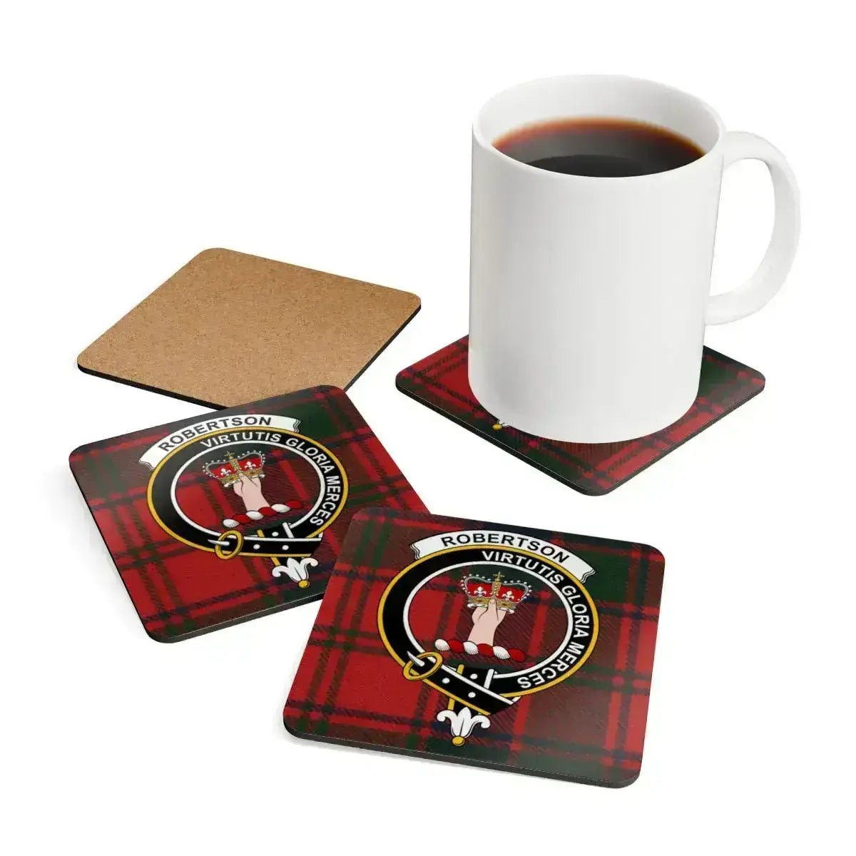 Clan Robertson tartan coaster close-up — vibrant crest print on cork base