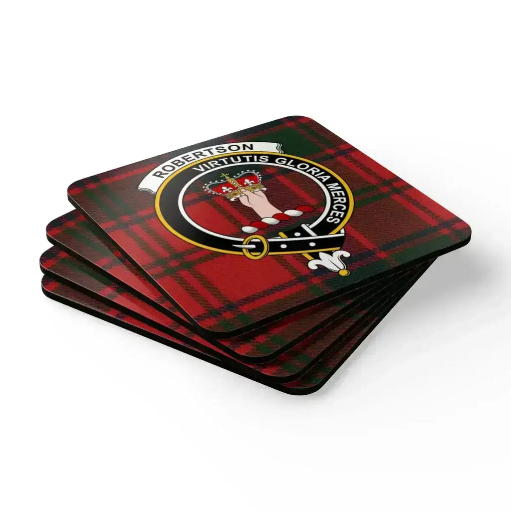 Robertson coaster set in use — Scottish clan crest and tartan pattern on table