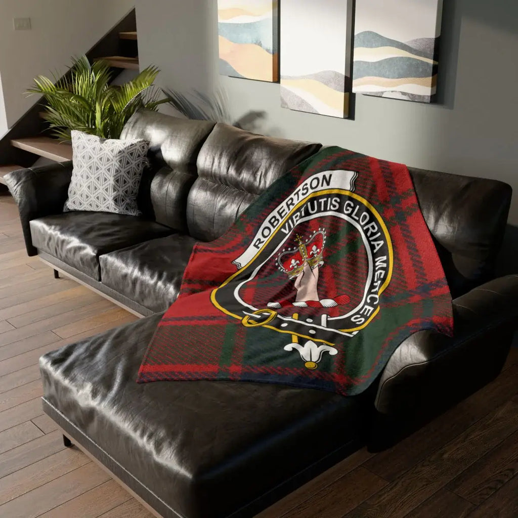 Clan Robertson crest tartan throw blanket — lightweight 100% polyester, full design view