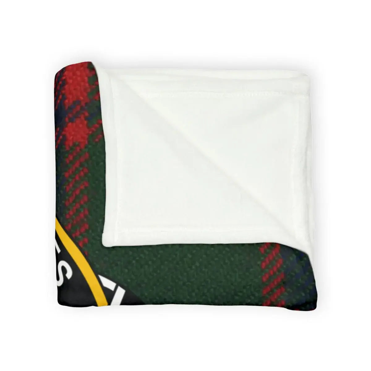 Robertson tartan throw blanket on sofa — red and green plaid with clan crest