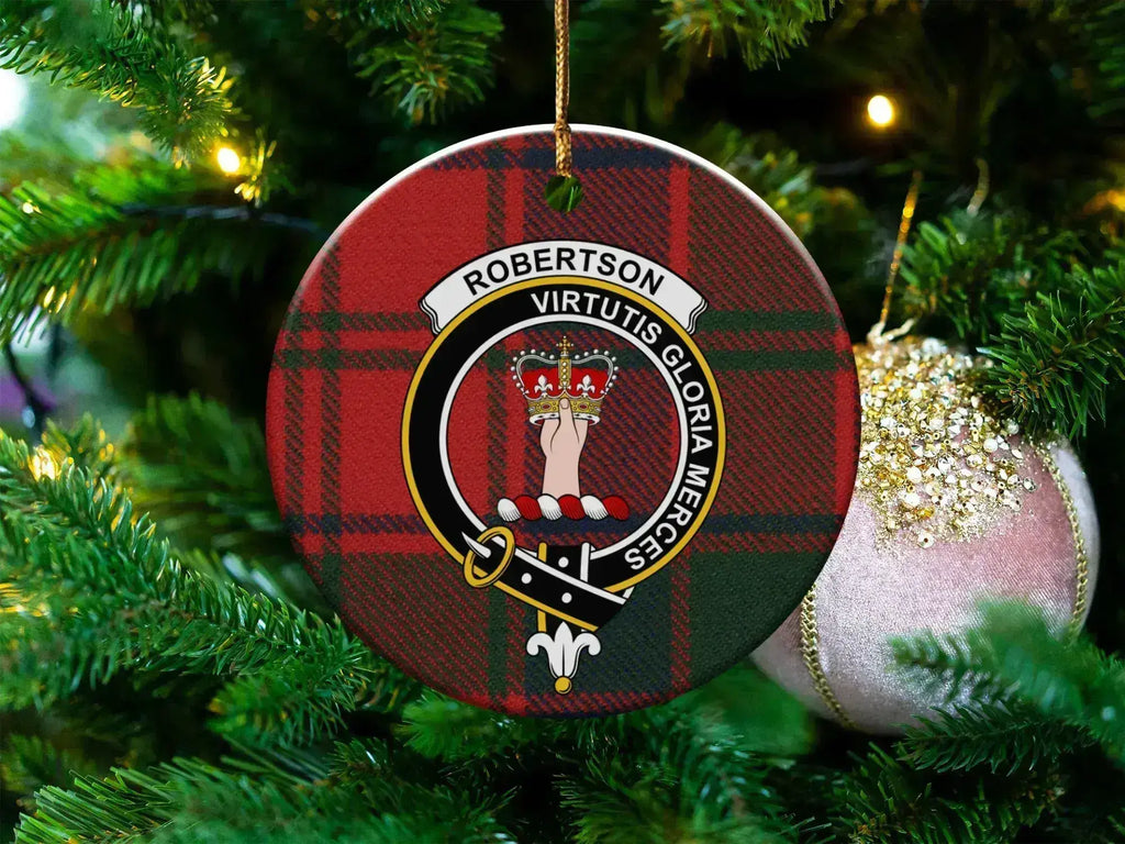 Clan Robertson tartan crest ceramic ornament — 3 inch, double-sided with gold string
