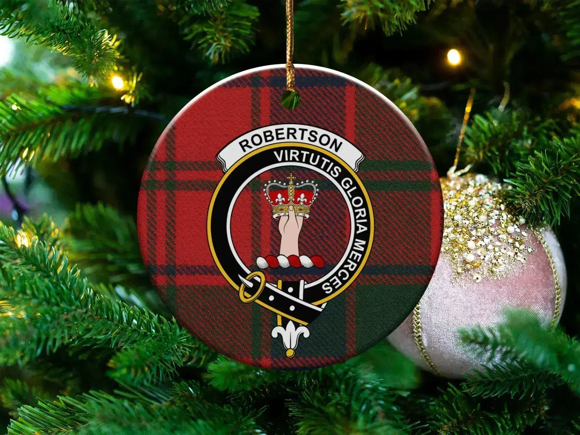 Clan Robertson tartan crest ceramic ornament — 3 inch, double-sided with gold string