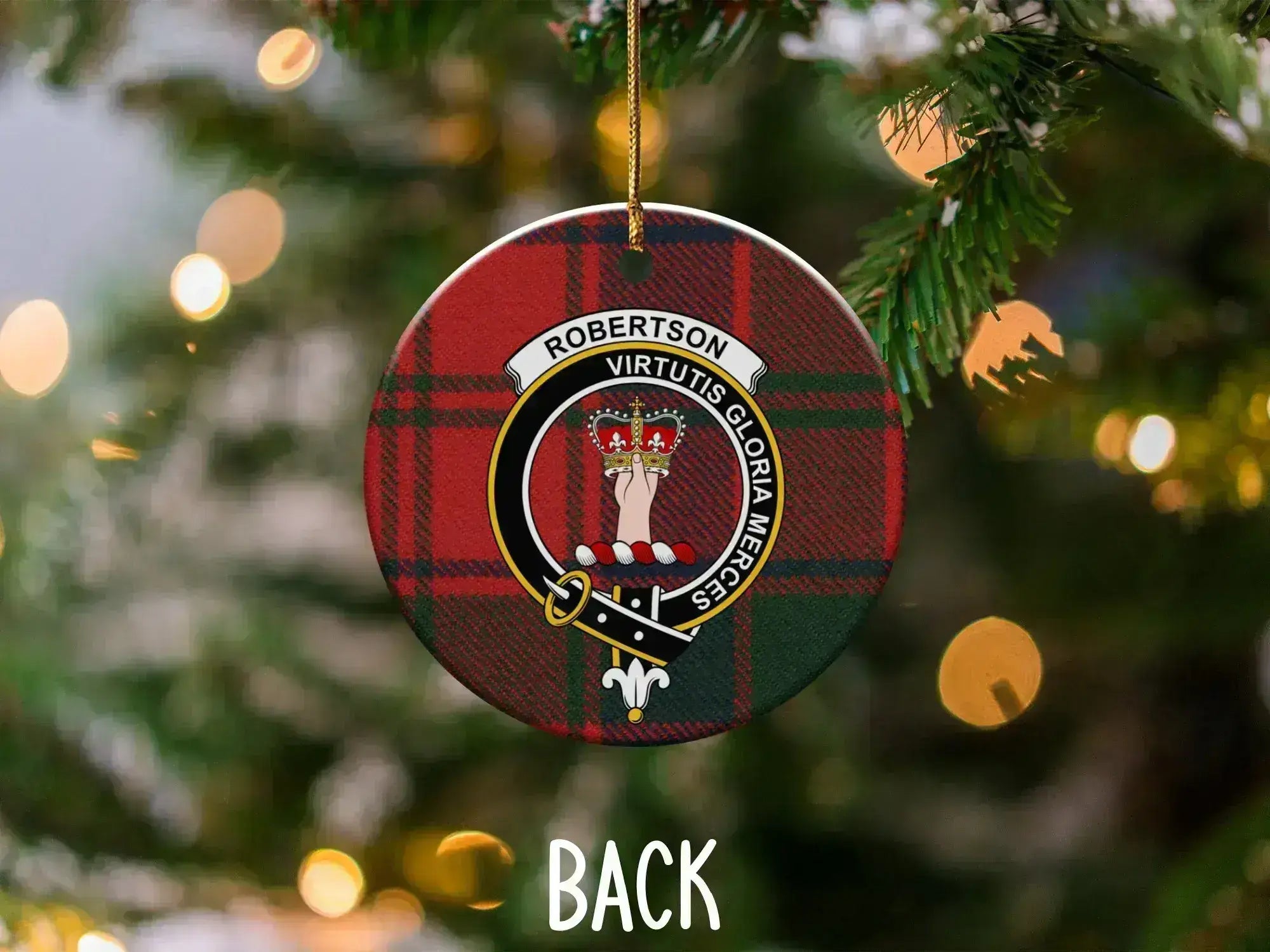 Robertson virtutis gloria merces ornament front view — tartan and crest design