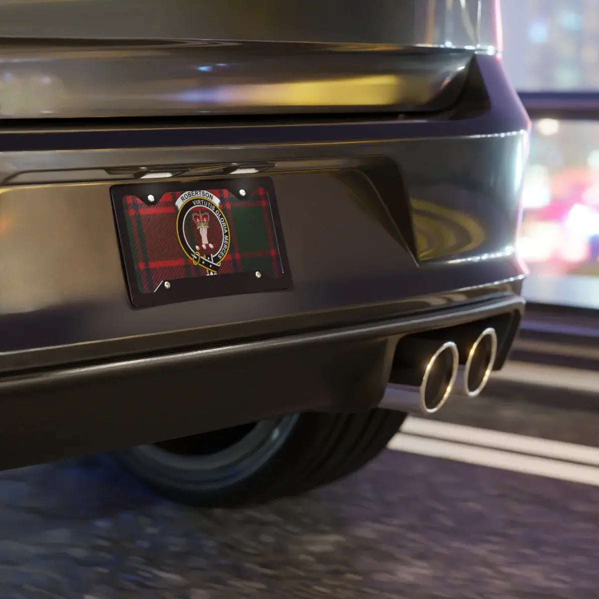 Robertson clan license plate mounted on car — virtutis gloria merces crest and tartan