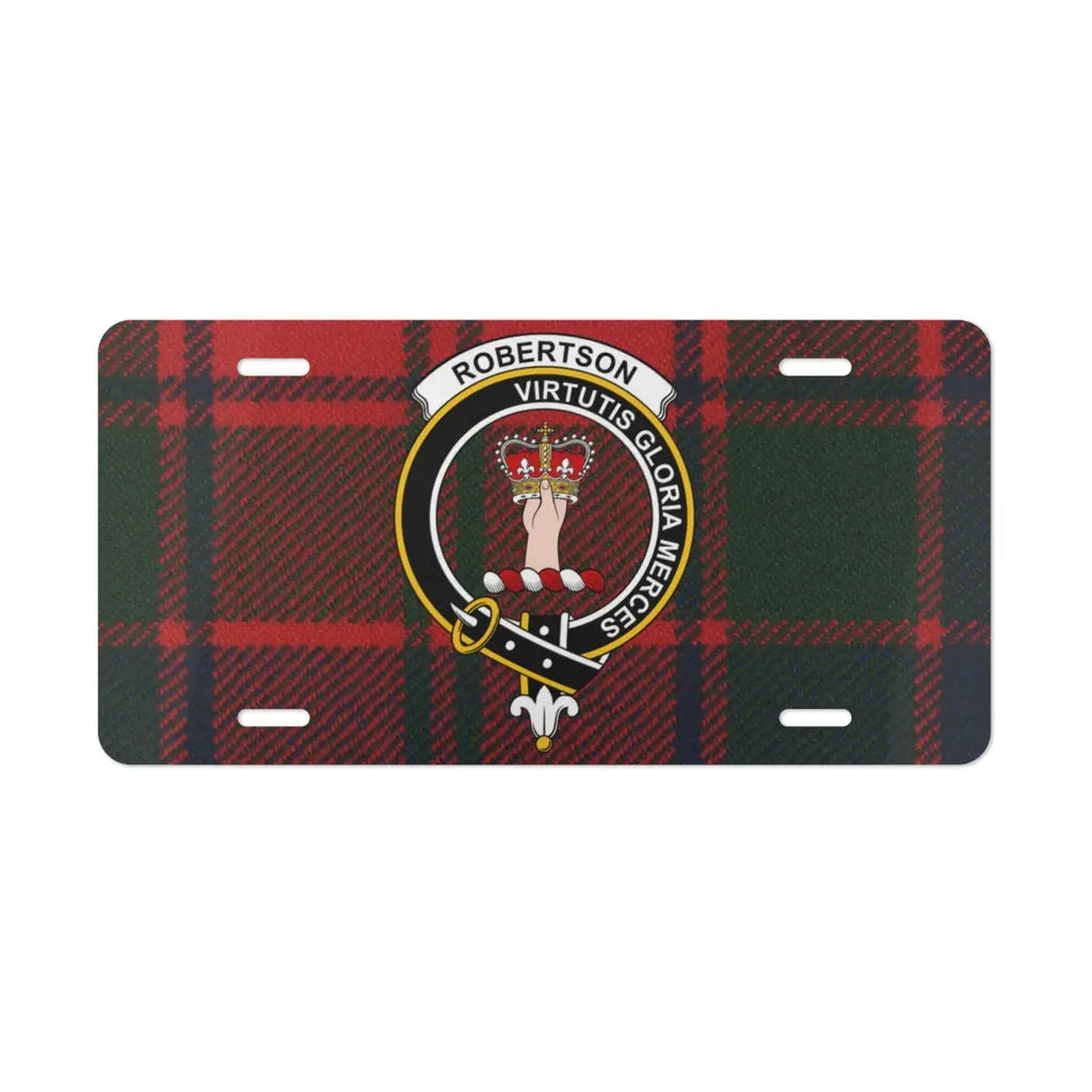 Robertson tartan crest license plate displayed flat — vivid print on white aluminium