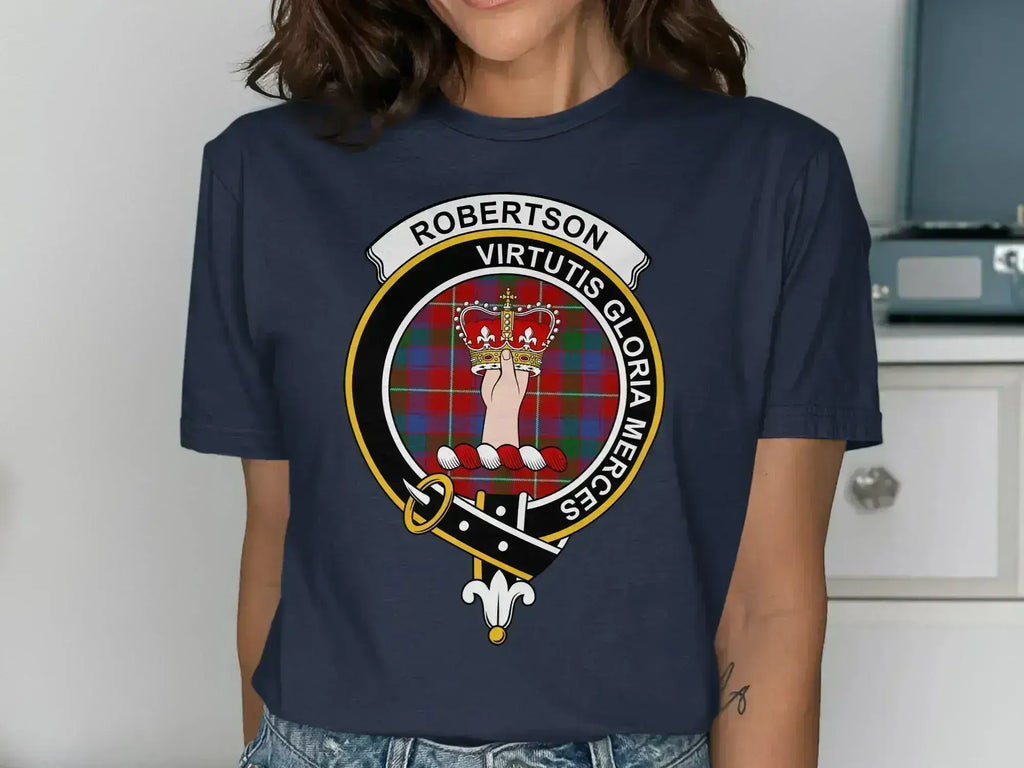Robertson family crest tee in navy — virtutis gloria merces on soft cotton