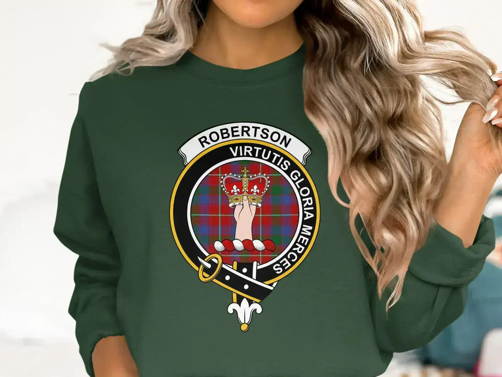 Clan Robertson crest tee — navy cotton with printed virtutis gloria merces emblem