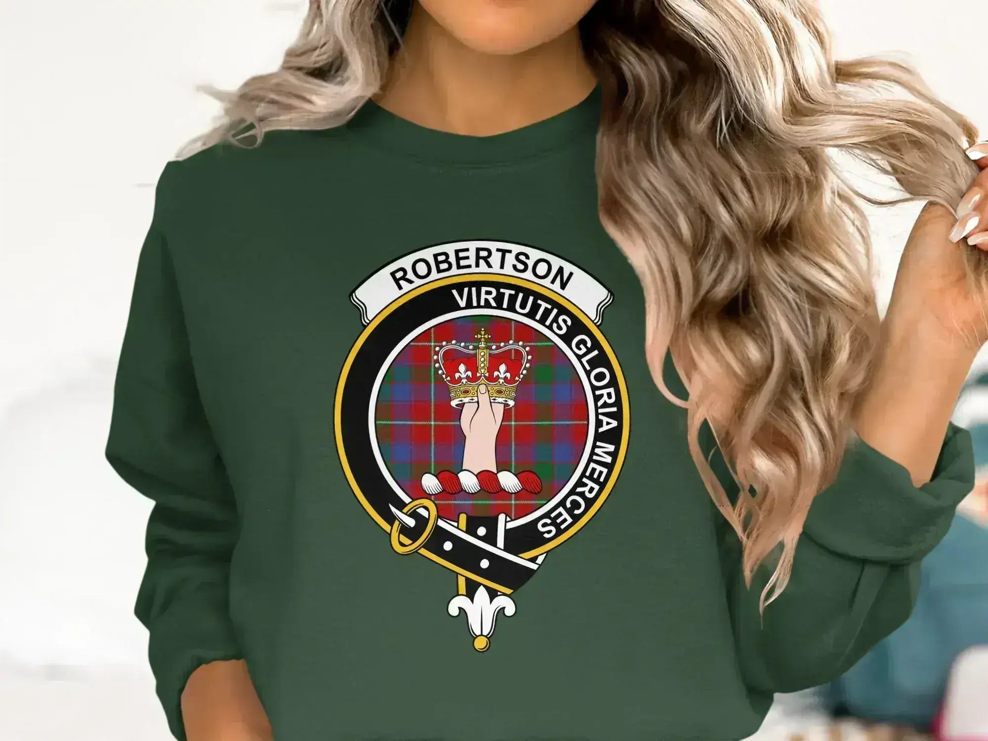 Clan Robertson crest tee — navy cotton with printed virtutis gloria merces emblem