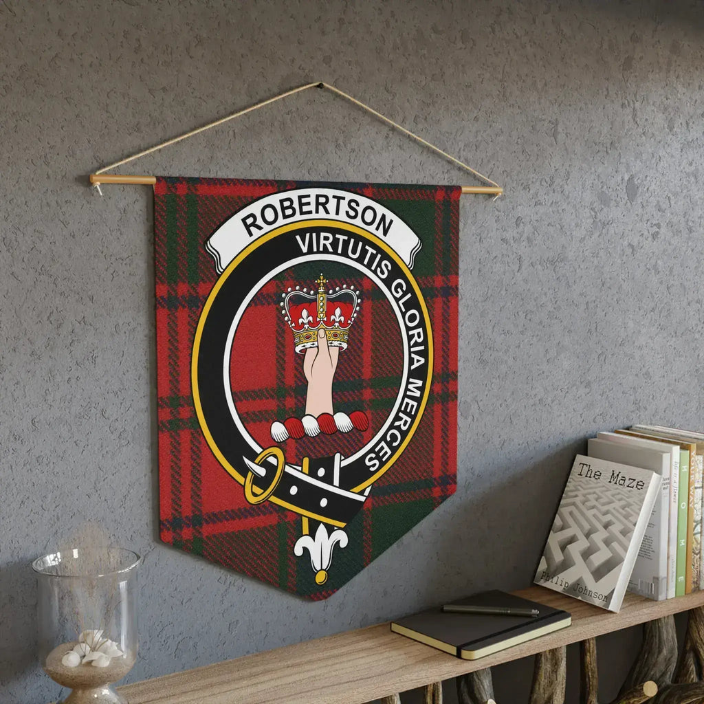 Robertson virtutis gloria merces clan pennant displayed on wall — tartan crest design