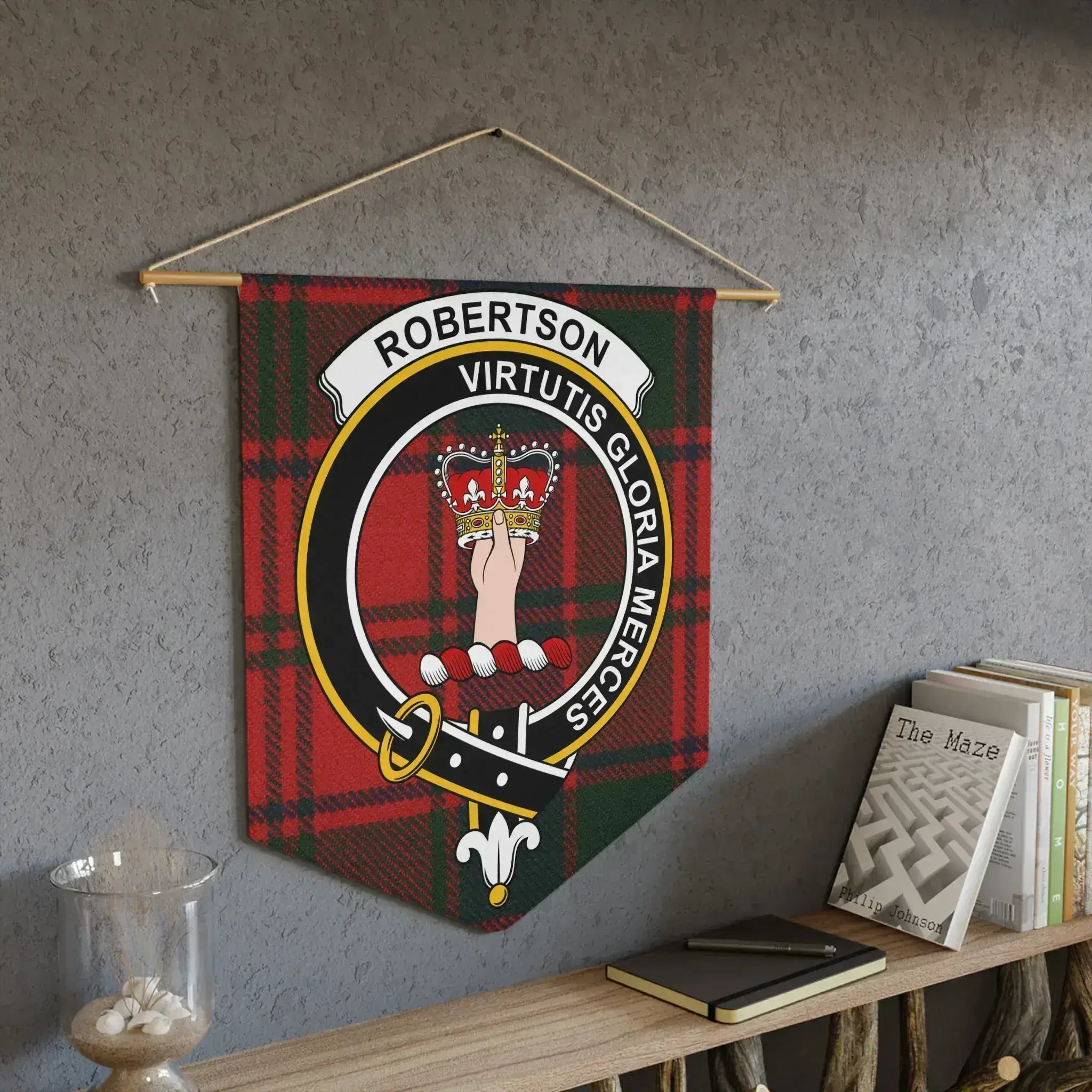 Robertson virtutis gloria merces clan pennant displayed on wall — tartan crest design