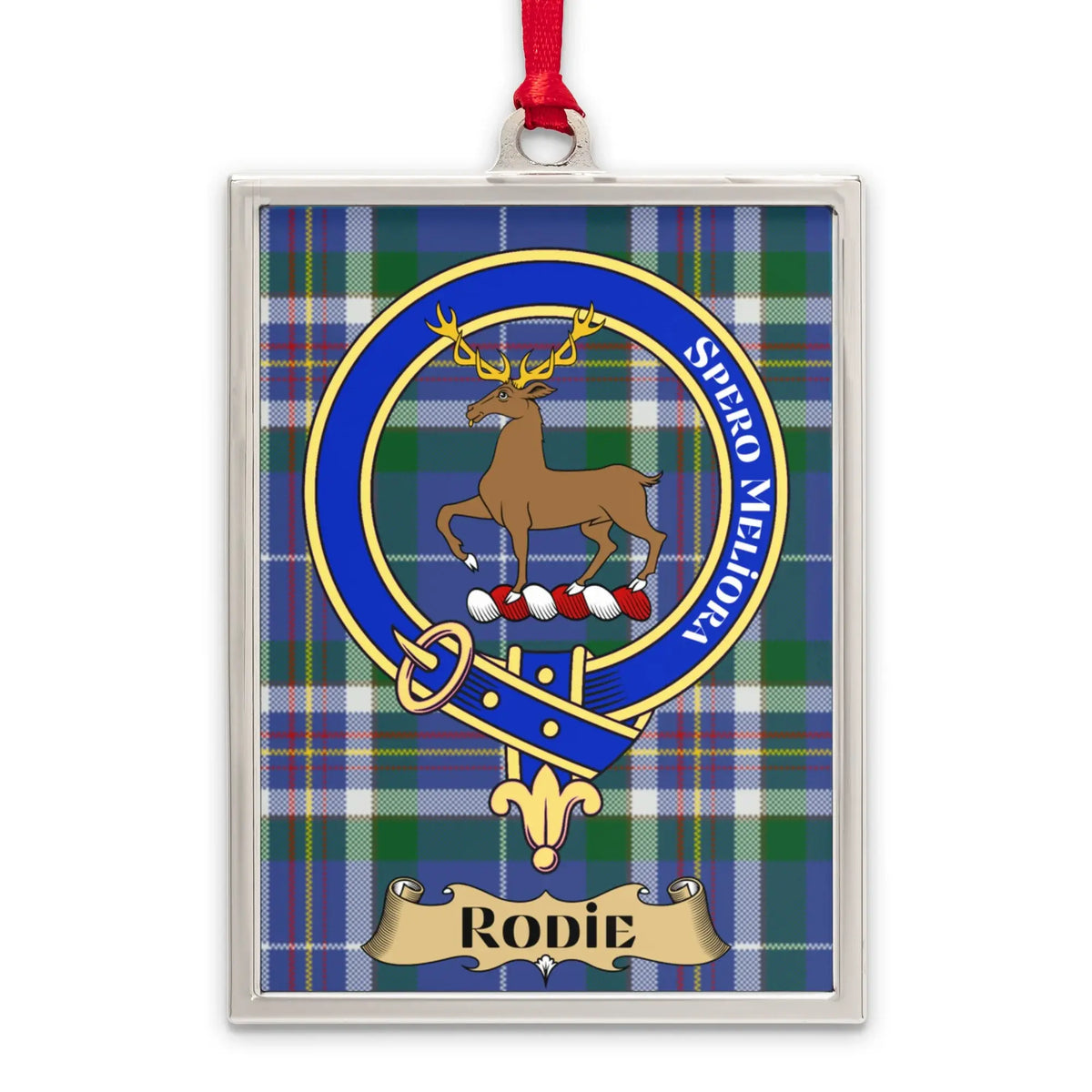 Rodie tartan-background crest ornament shown as a Scottish heritage keepsake gift