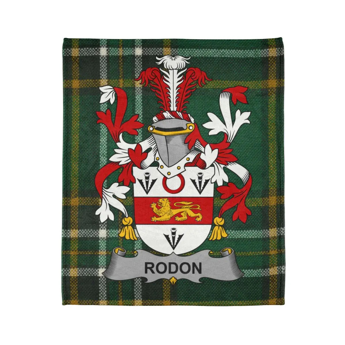 Rodon Family Crest on Green Plaid Design Print