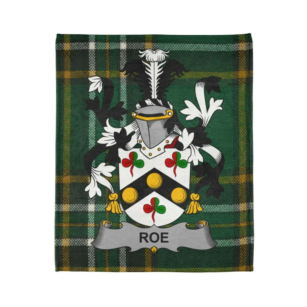 Roe Family Crest Blanket With Tartan Background