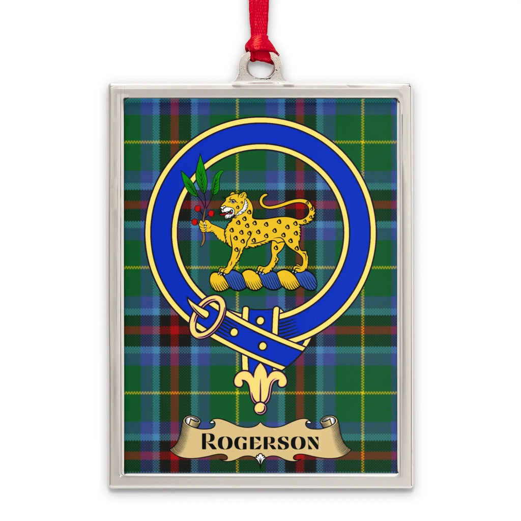 Rogerson tartan-background crest ornament shown as a Scottish heritage keepsake gift