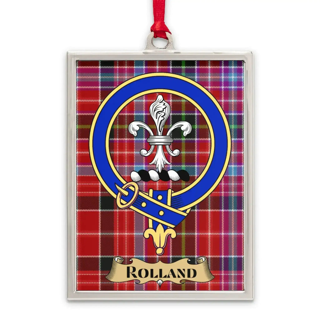 Rolland tartan-background crest ornament shown as a Scottish heritage keepsake gift
