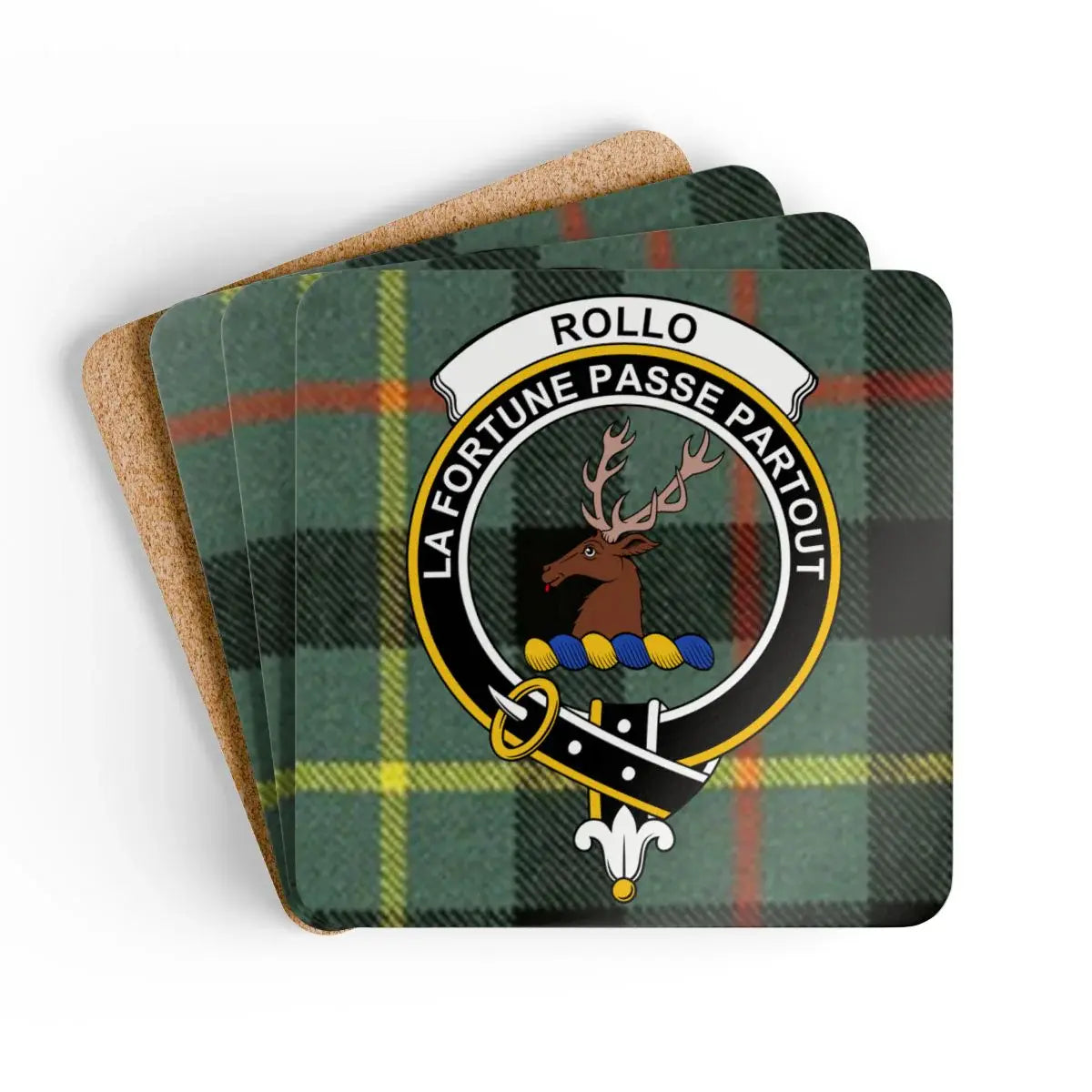 Clan Rollo La Fortune Passe Partout crest coaster — glossy printed square cork, 3.75" x 3.75"