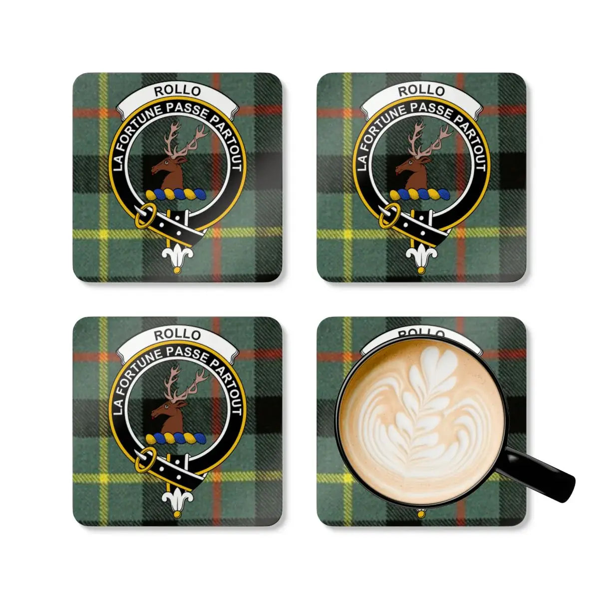 Rollo tartan pattern square coasters set — full-colour crest print on natural cork base