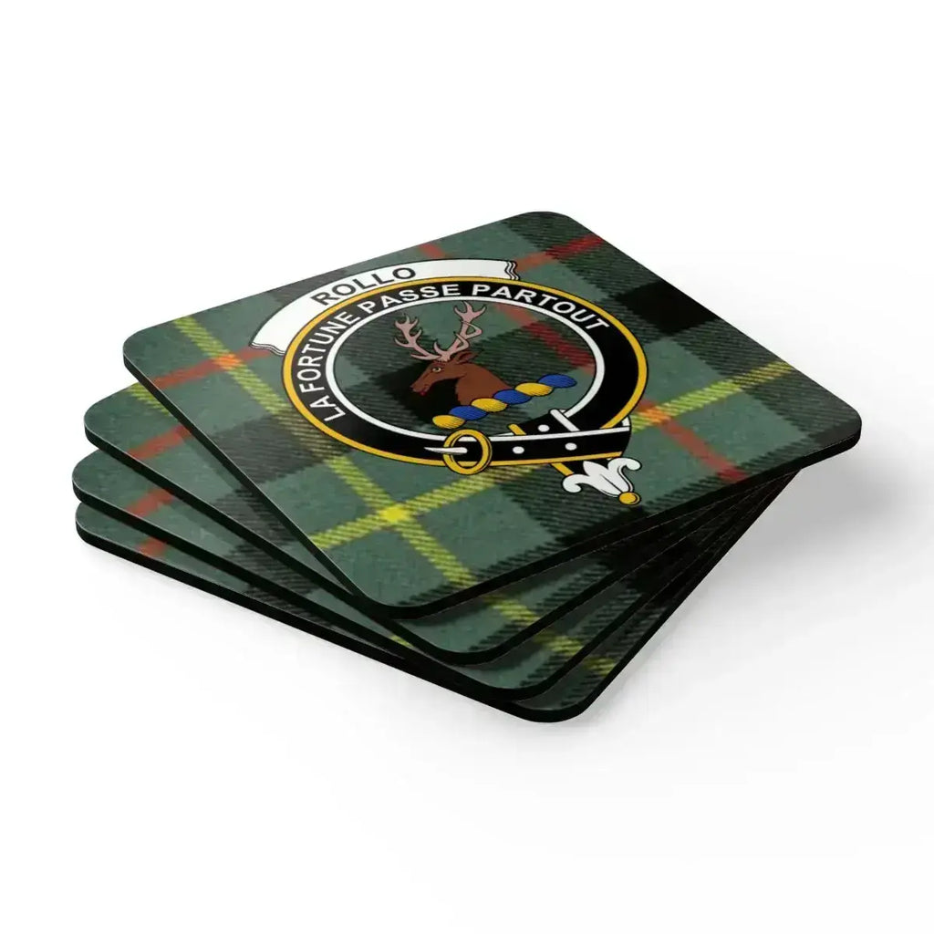 Clan Rollo coat of arms tartan coaster set — set of 4, plaid crest print, cork backed