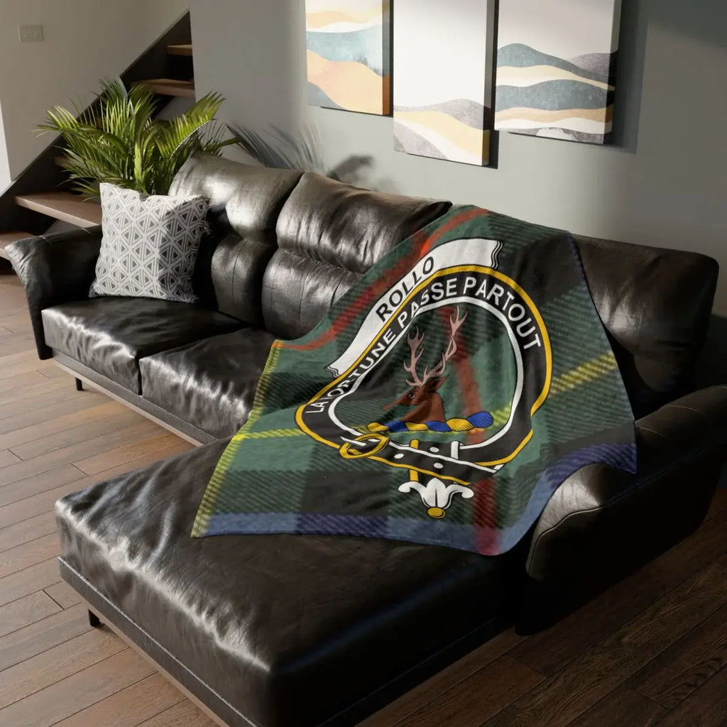 Clan Rollo tartan throw blanket — La Fortune Passe Partout crest on lightweight polyester, 50" x 60"