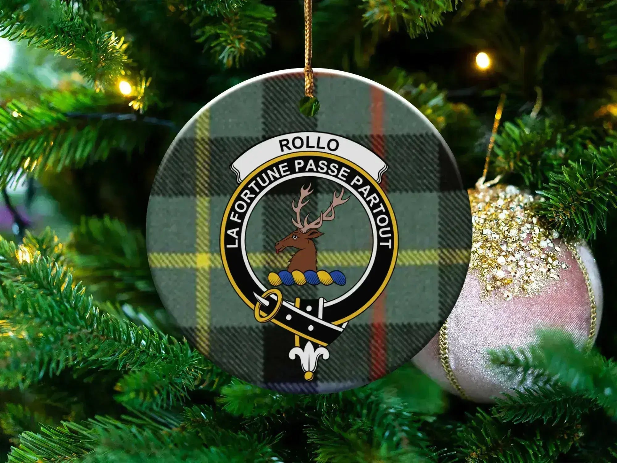 Clan Rollo tartan ceramic ornament — 3" round disc with La Fortune Passe Partout stag crest and gold string