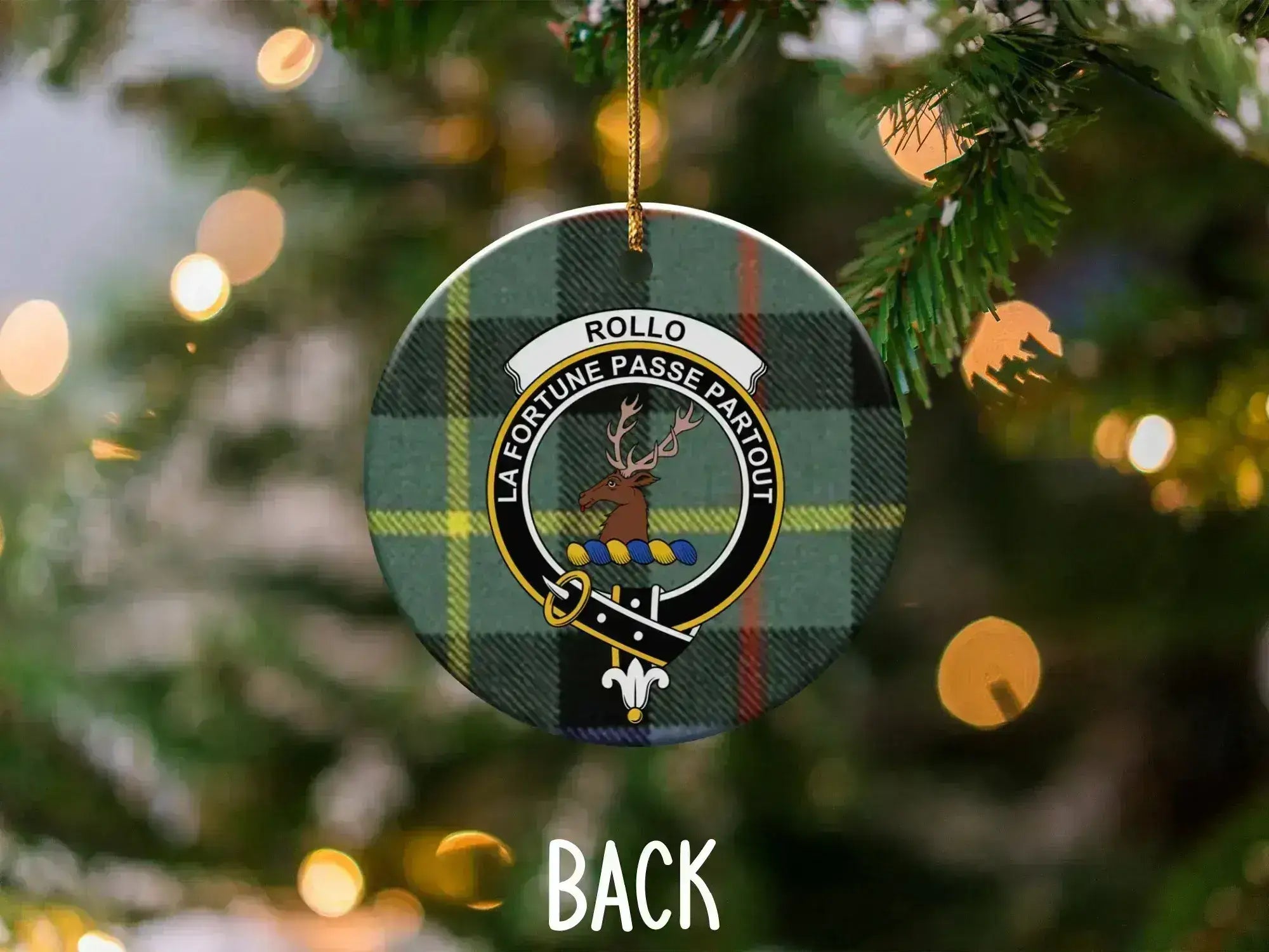 Rollo clan crest tartan round Christmas ornament — double-sided UV LED print on ceramic disc