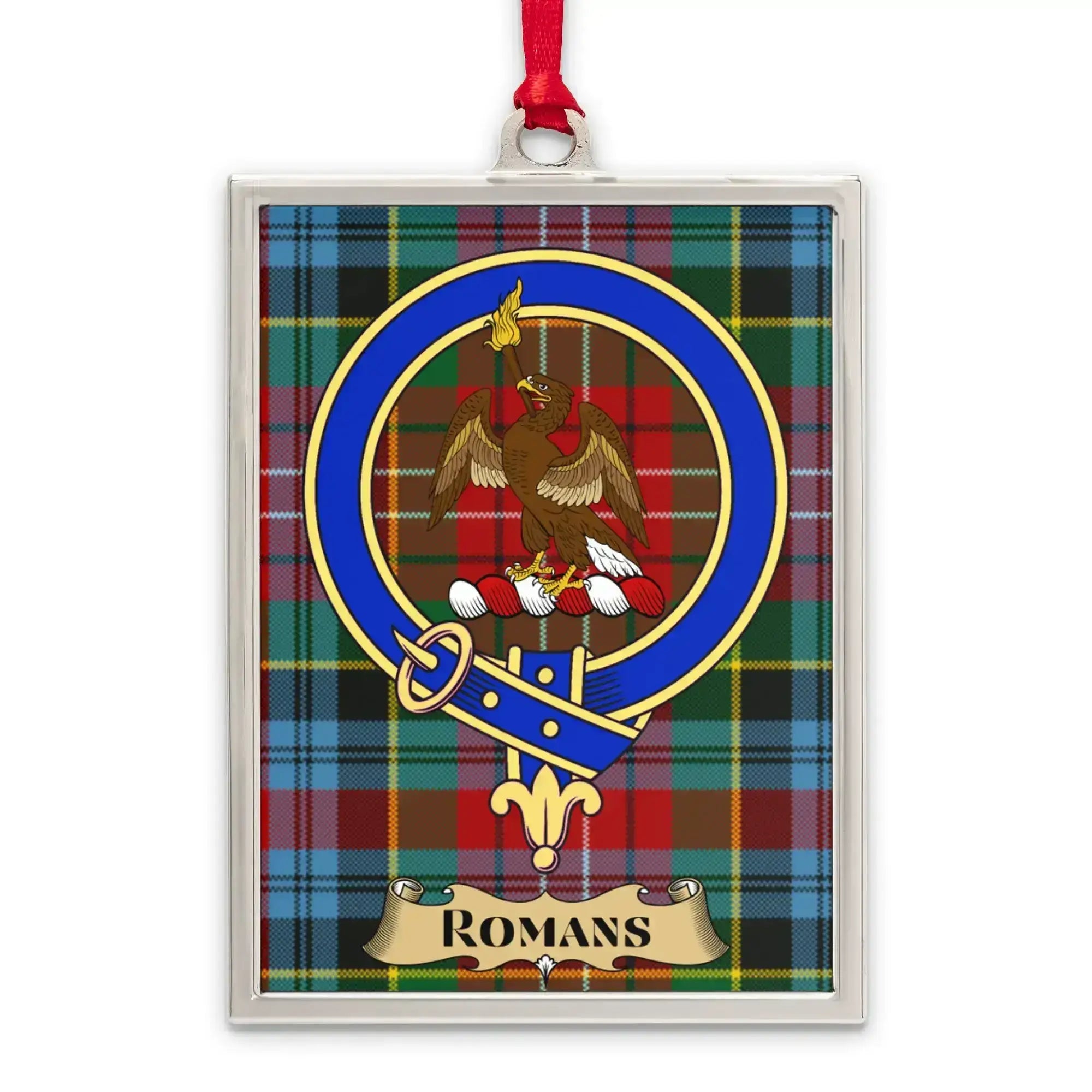 Romans tartan-background crest ornament shown as a Scottish heritage keepsake gift