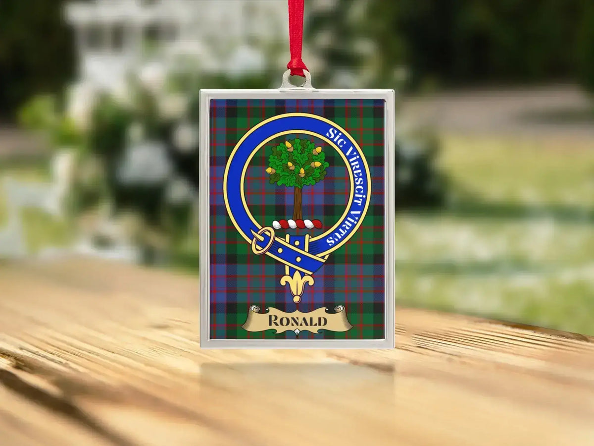 Close-up of the Ronald family crest on a polished silver-frame metal ornament