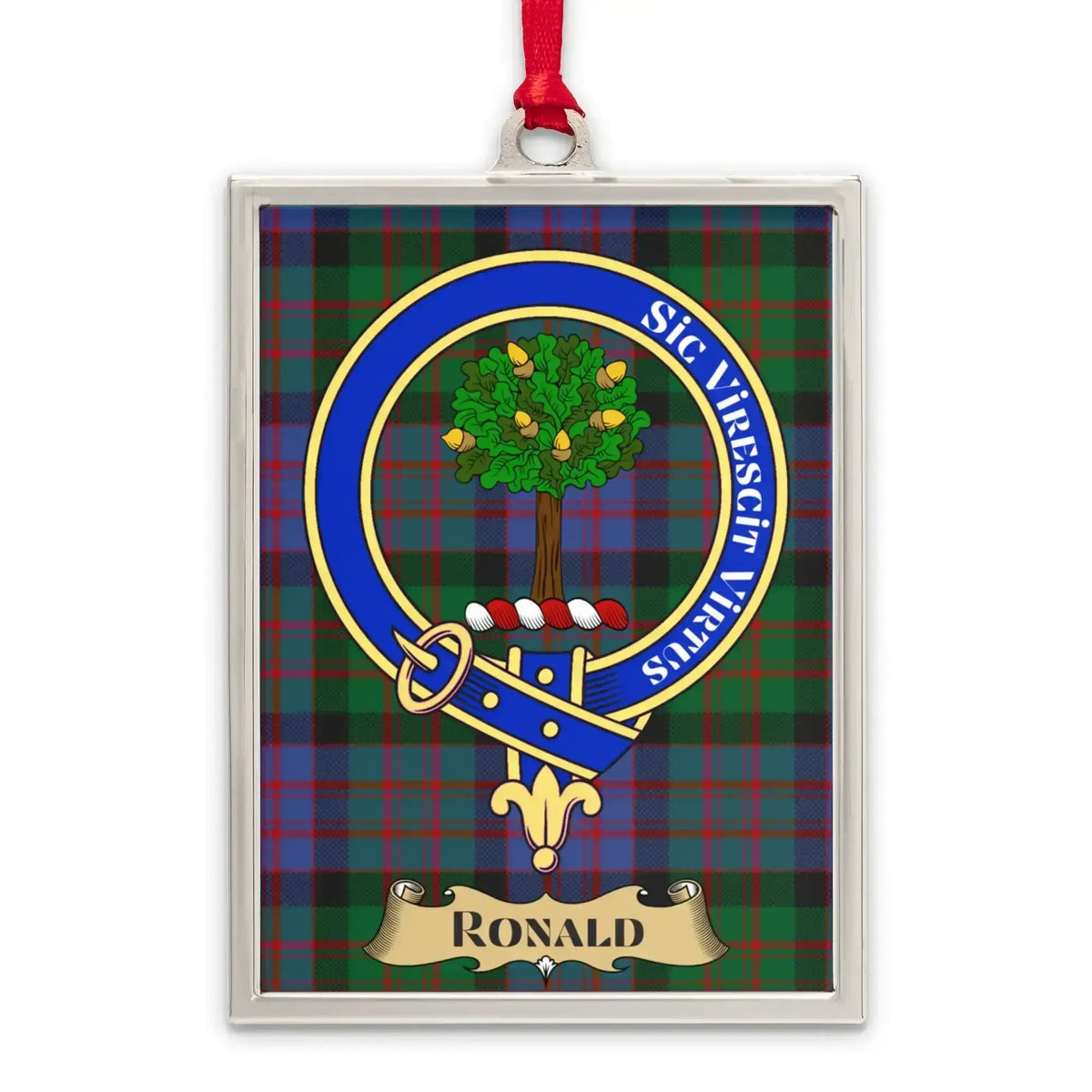 Ronald tartan-background crest ornament shown as a Scottish heritage keepsake gift