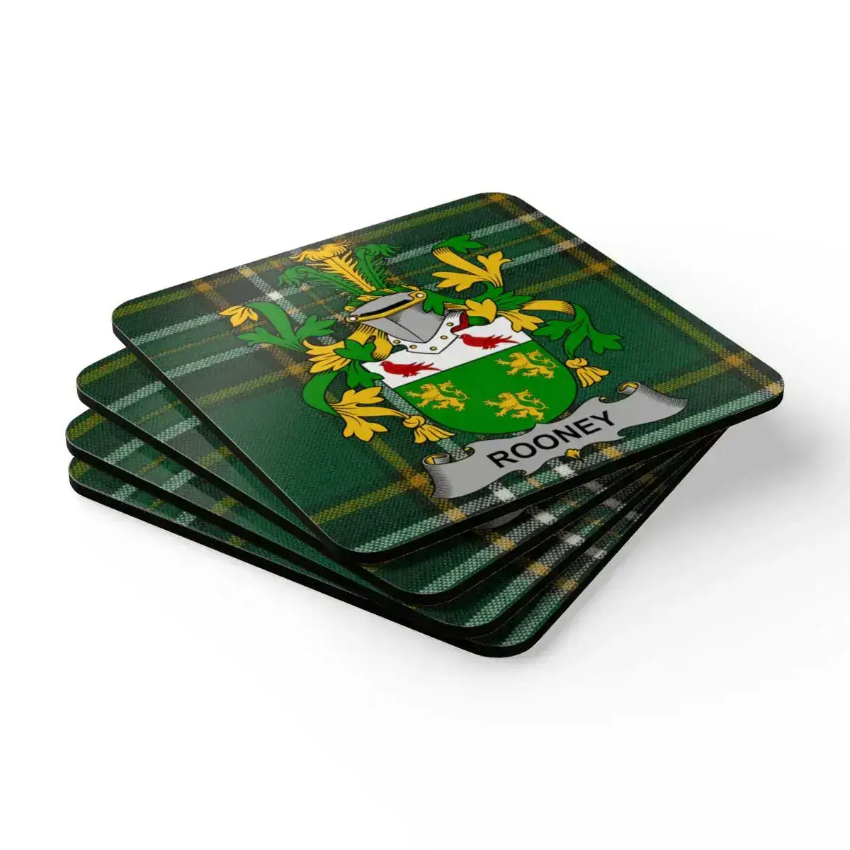 Rooney Family Coat of Arms Green Plaid Coasters product