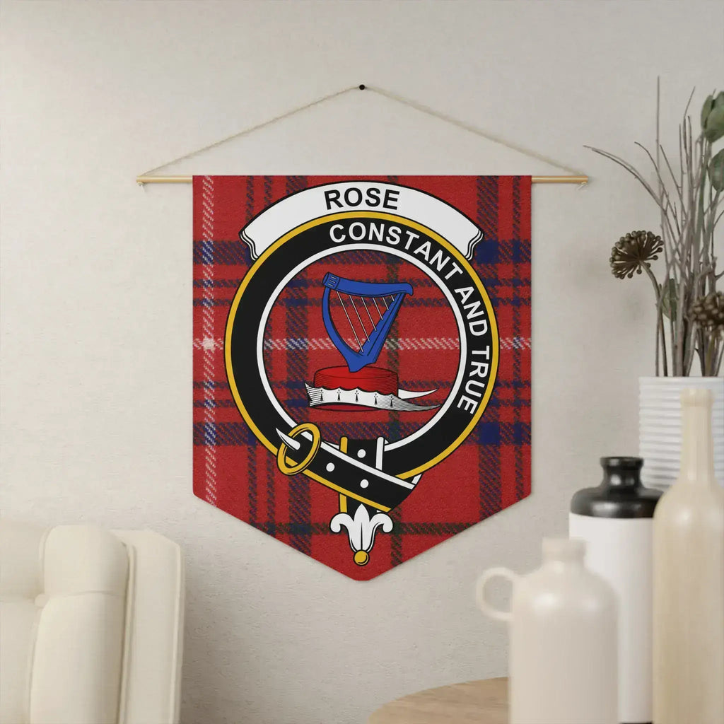 Clan Rose crest tartan pennant — 18x21 inch polyester twill with wooden dowel
