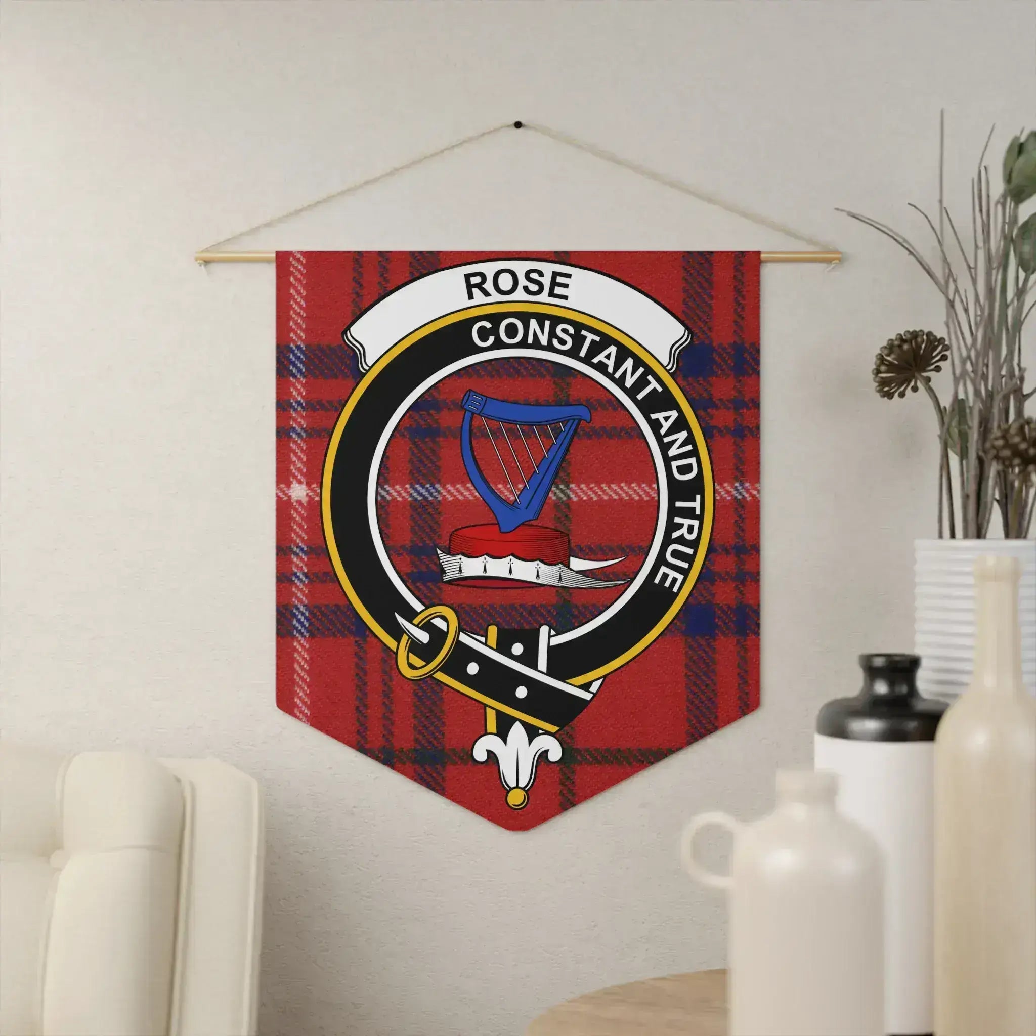 Clan Rose crest tartan pennant — 18x21 inch polyester twill with wooden dowel