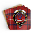 Clan Rose crest tartan coaster set — glossy print on natural cork, 3.75 inch square